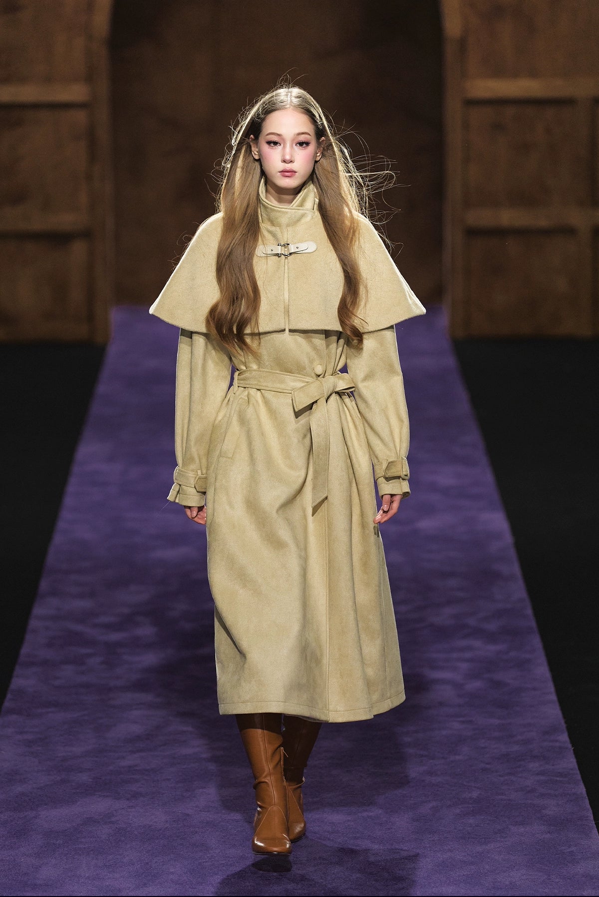 Shimmer Wool Cape Overlay & Suede Long Detachable Belt Coat