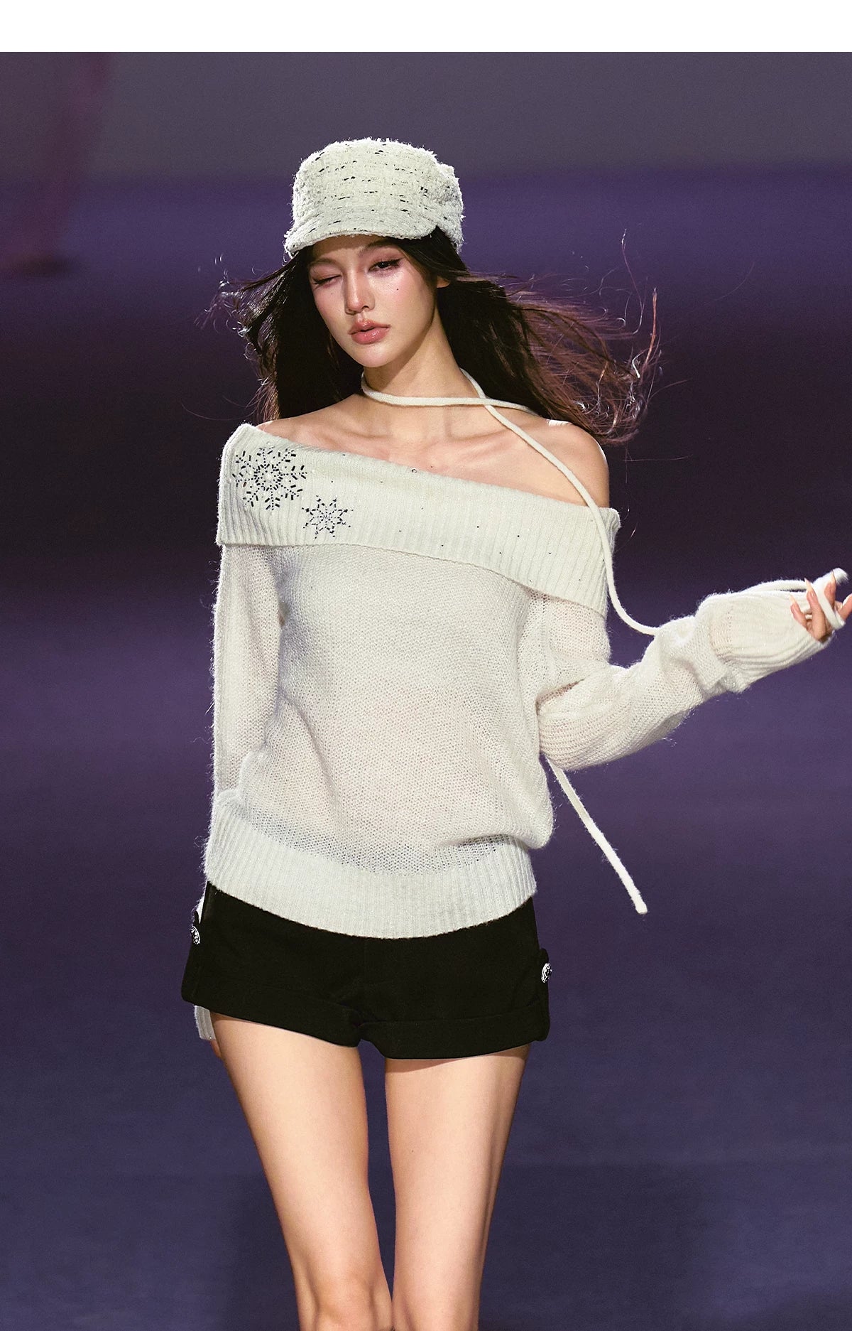 Snowflake Rhinestone Off-Shoulder Knit Sweater