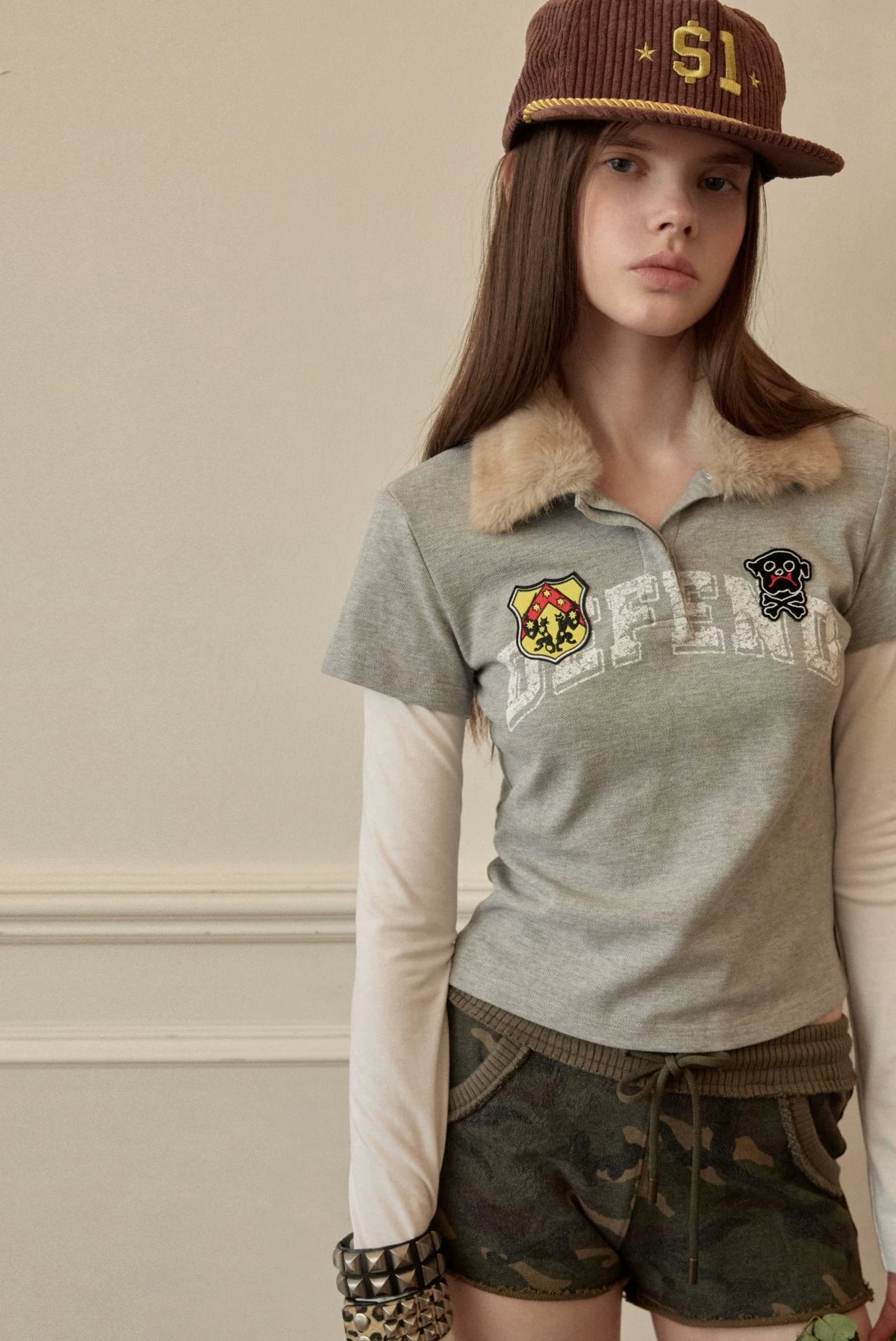 Layered Polo Long Sleeve Top with Faux Fur Collar