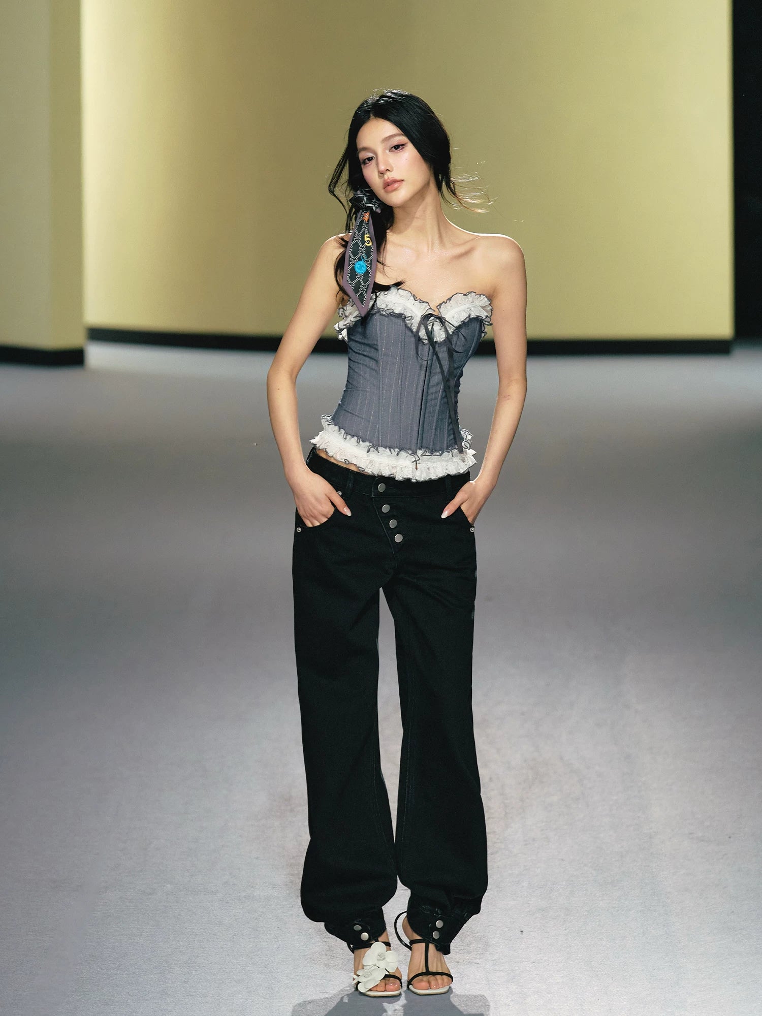 Asymmetric Placket Straight-Leg Denim Trousers