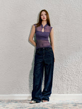 Beige & Purple Hollow-out Disk-button Knitted Vest - CHINASQUAD