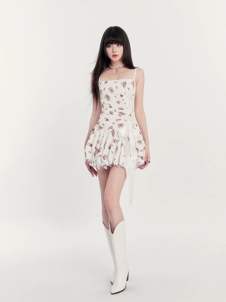 Dream French Floral Bow Waist Puff Dress