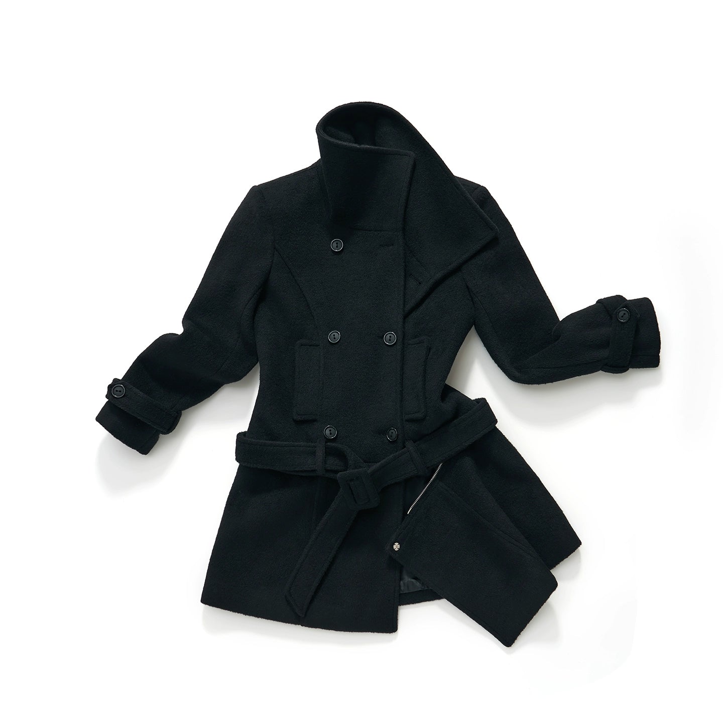 Black Wool-Blend Detachable Hem Double-Breasted Coat