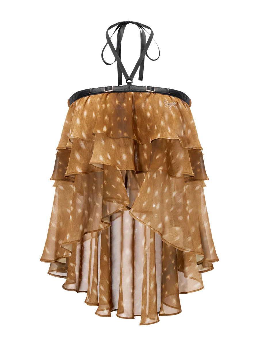 Fawn Print Asymmetric Chiffon Halter Backless Layered Blouse