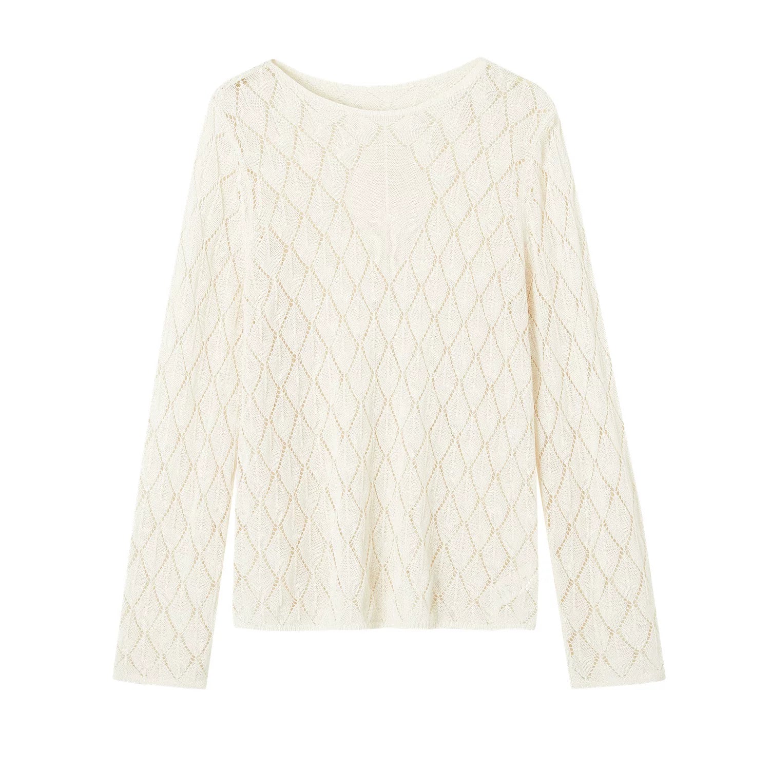 Openwork Diamond-Knit Washi Yarn Long-Sleeve Top