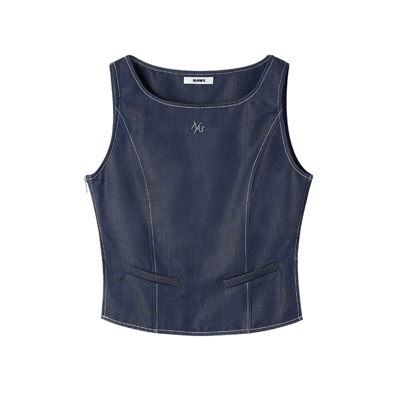 Open-Back Cinched Lyocell Denim Vest