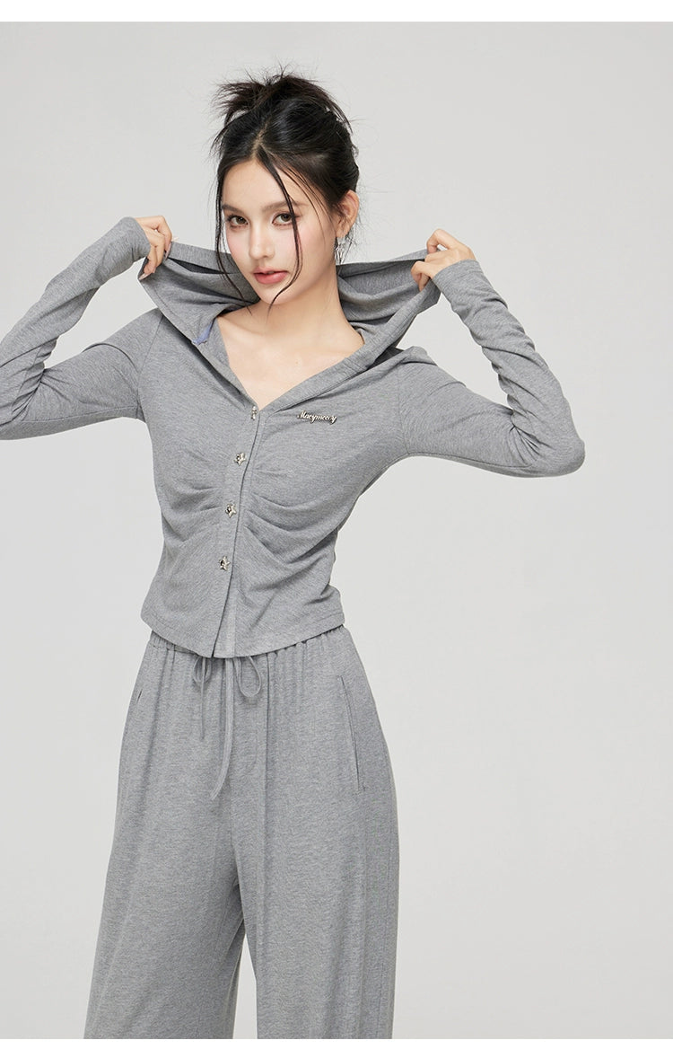 Black & Gray V-neck Hooded Cardigan & Pant Set - CHINASQUAD