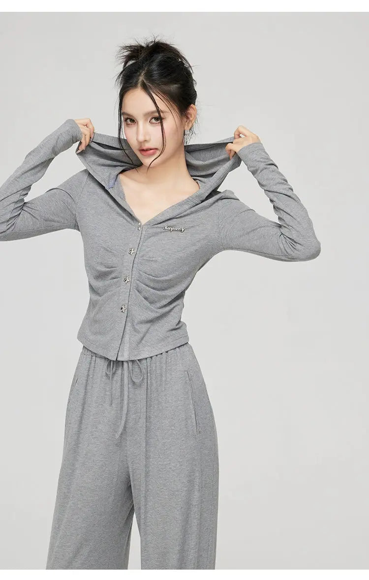 Black & Gray V-neck Hooded Cardigan & Pant Set - CHINASQUAD