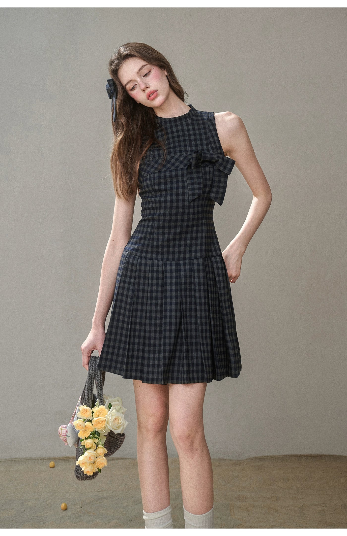 Bow Halter Checked Pleated Dress