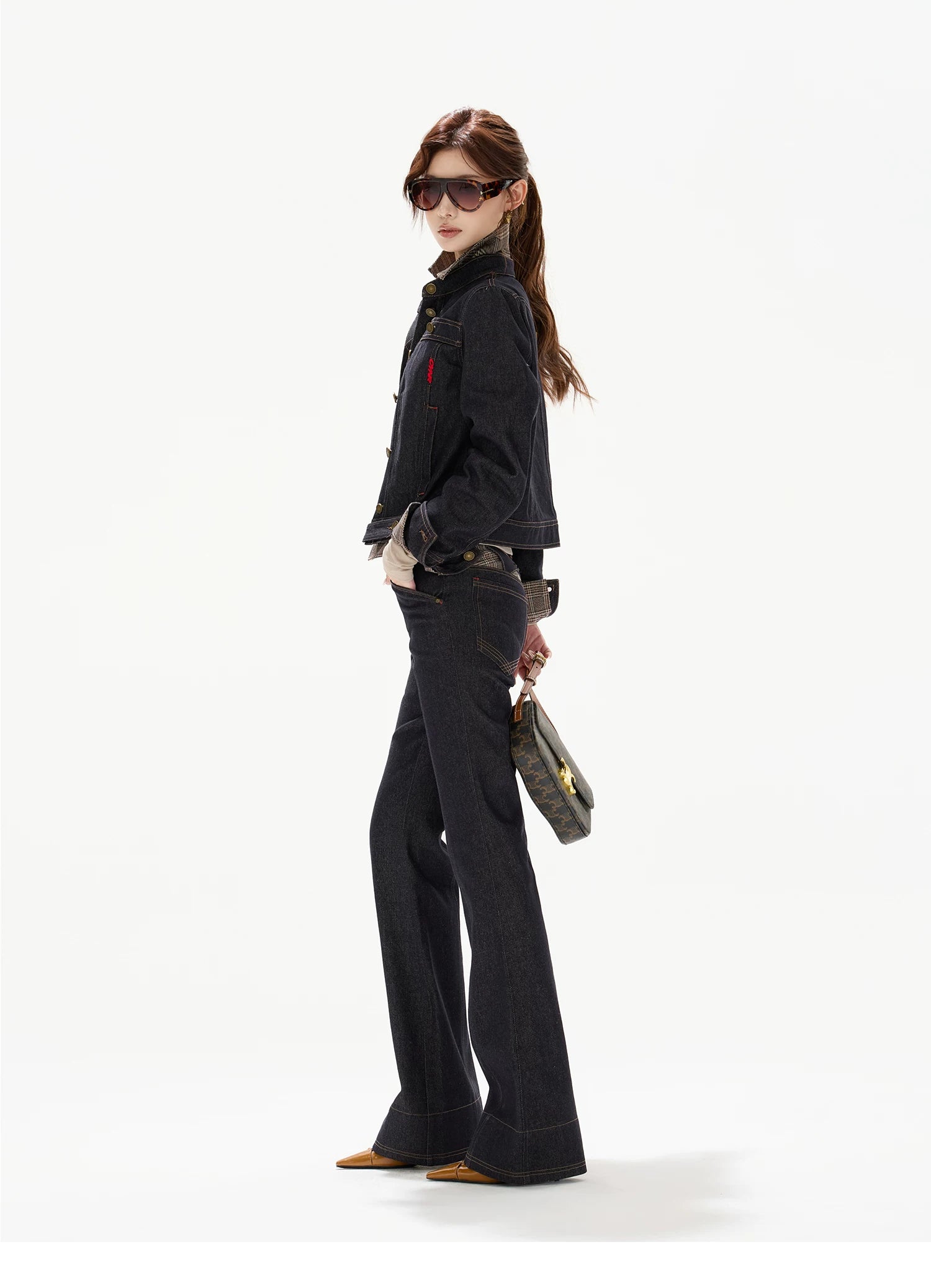 Plaid Mid-Rise Flared Wide-Leg Jeans