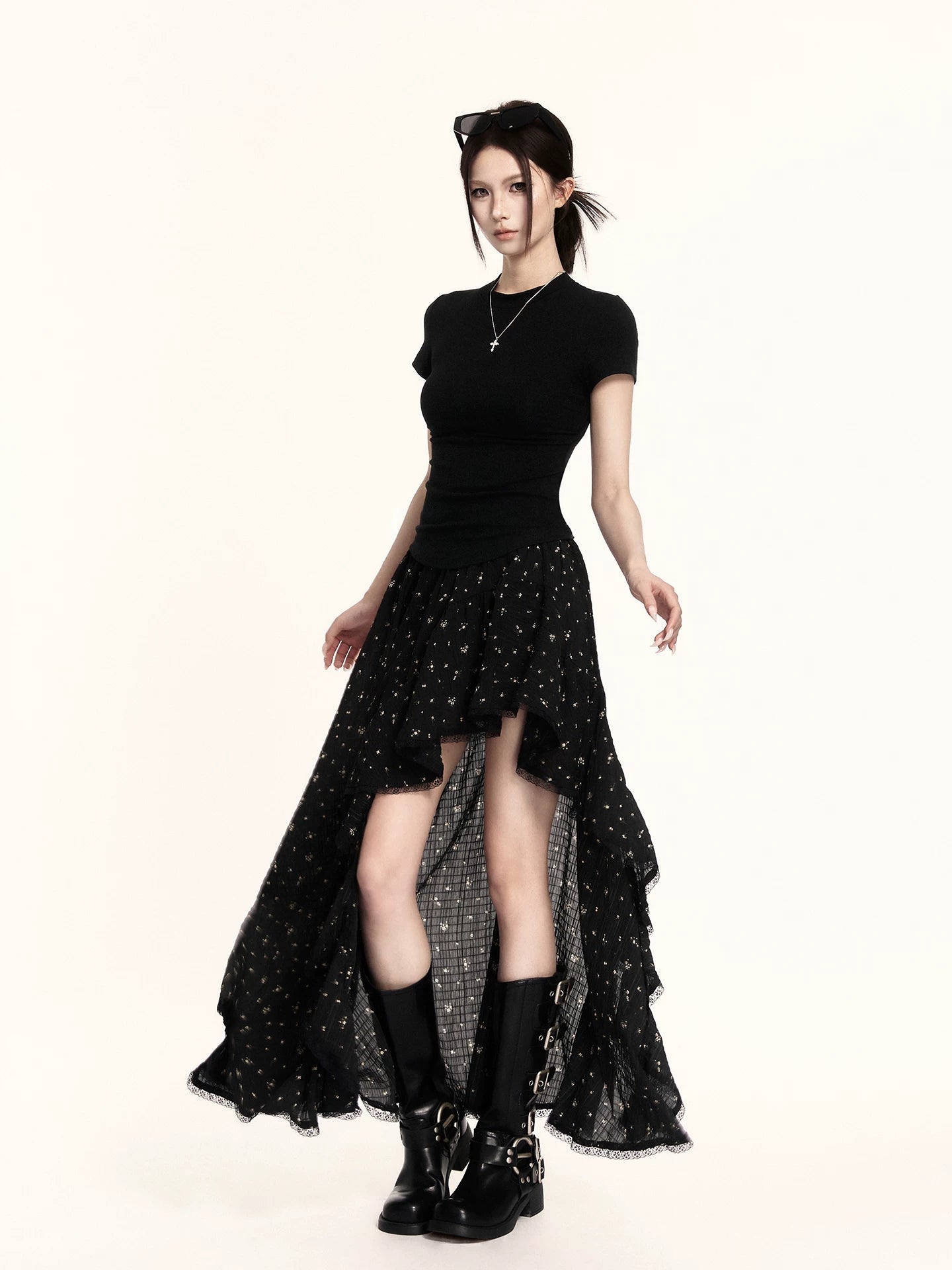 Asymmetric Ruffled Floral Midi Skirt