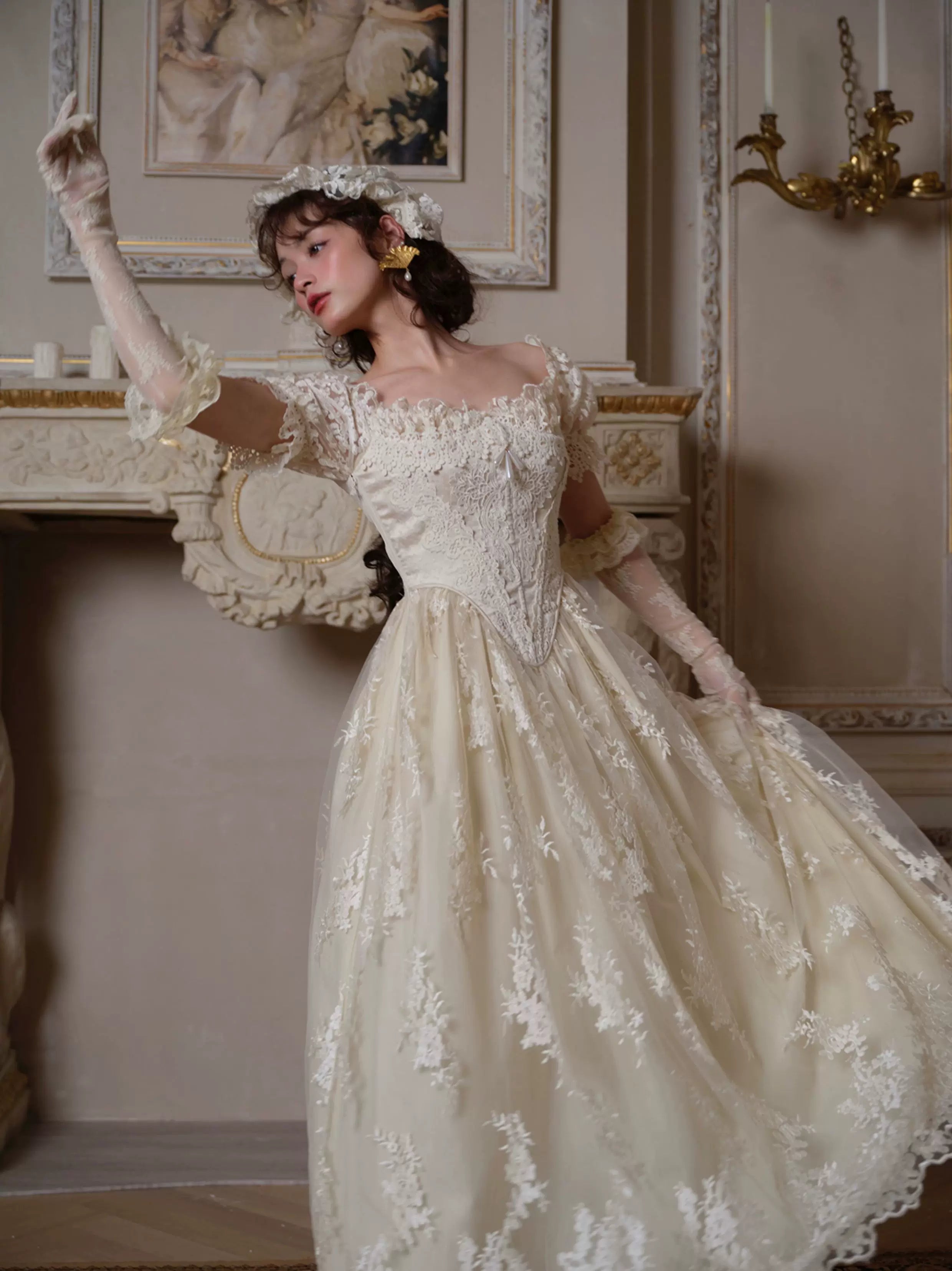 Candlelit Tears Antique Lace Corset Wedding Dress