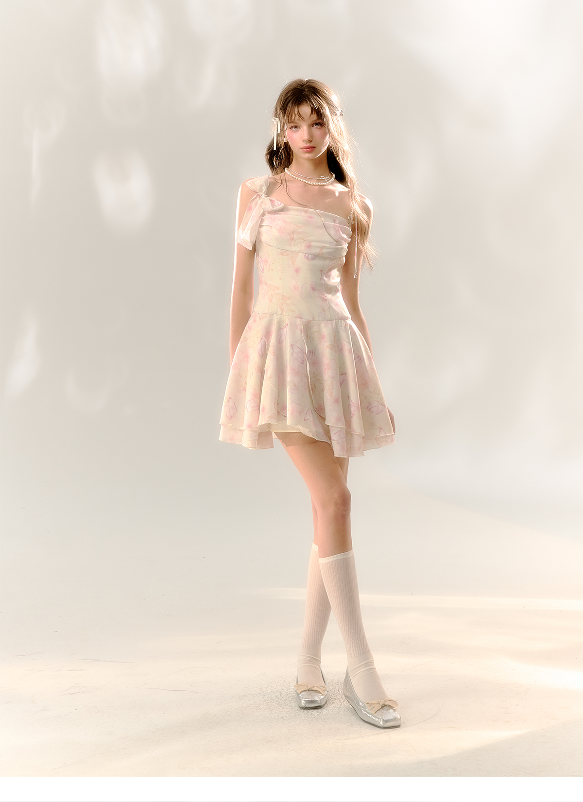 White Butterfly Print Cinched Waist Dress - CHINASQUAD