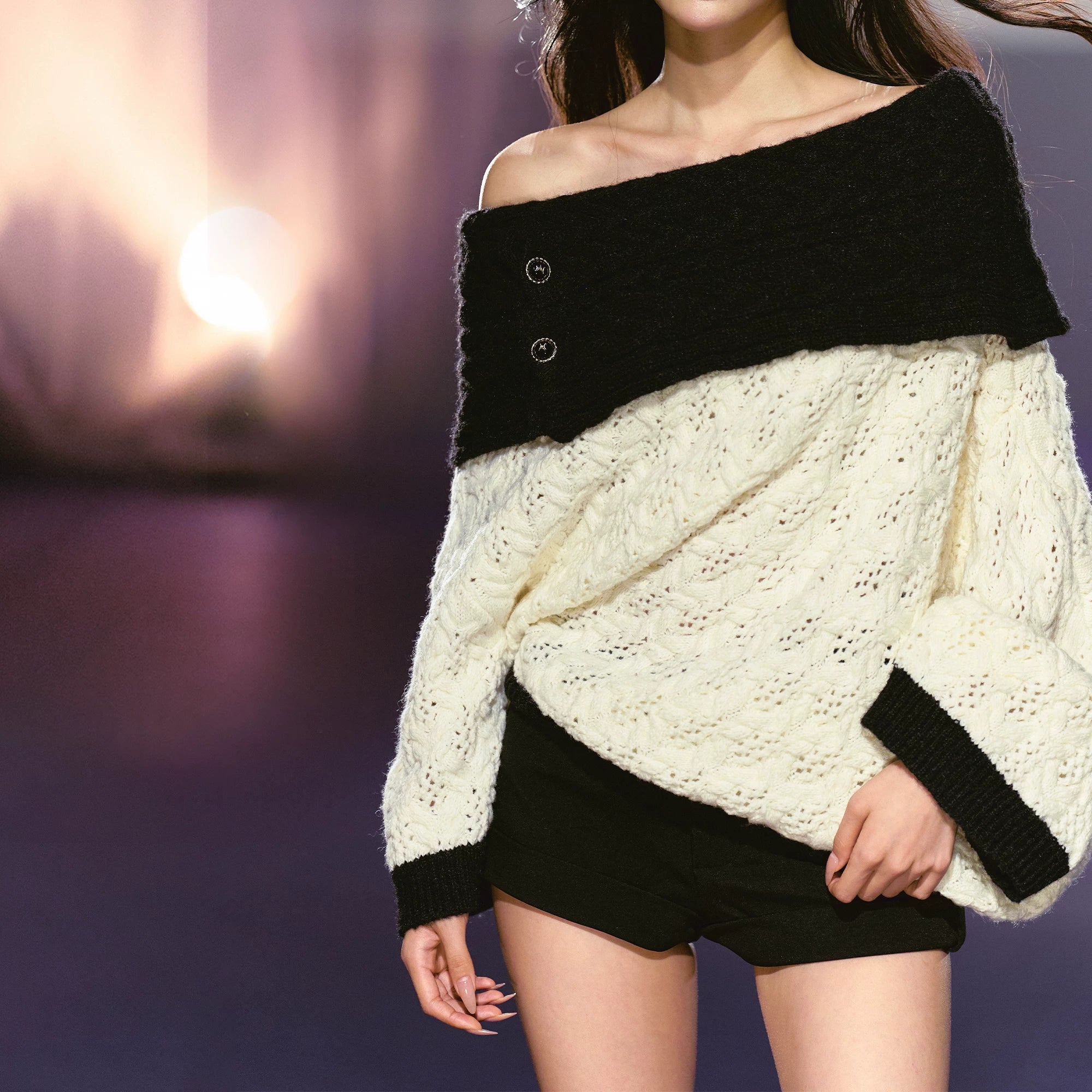 Batwing Sleeve Off-Shoulder Tweed Knit Crewneck