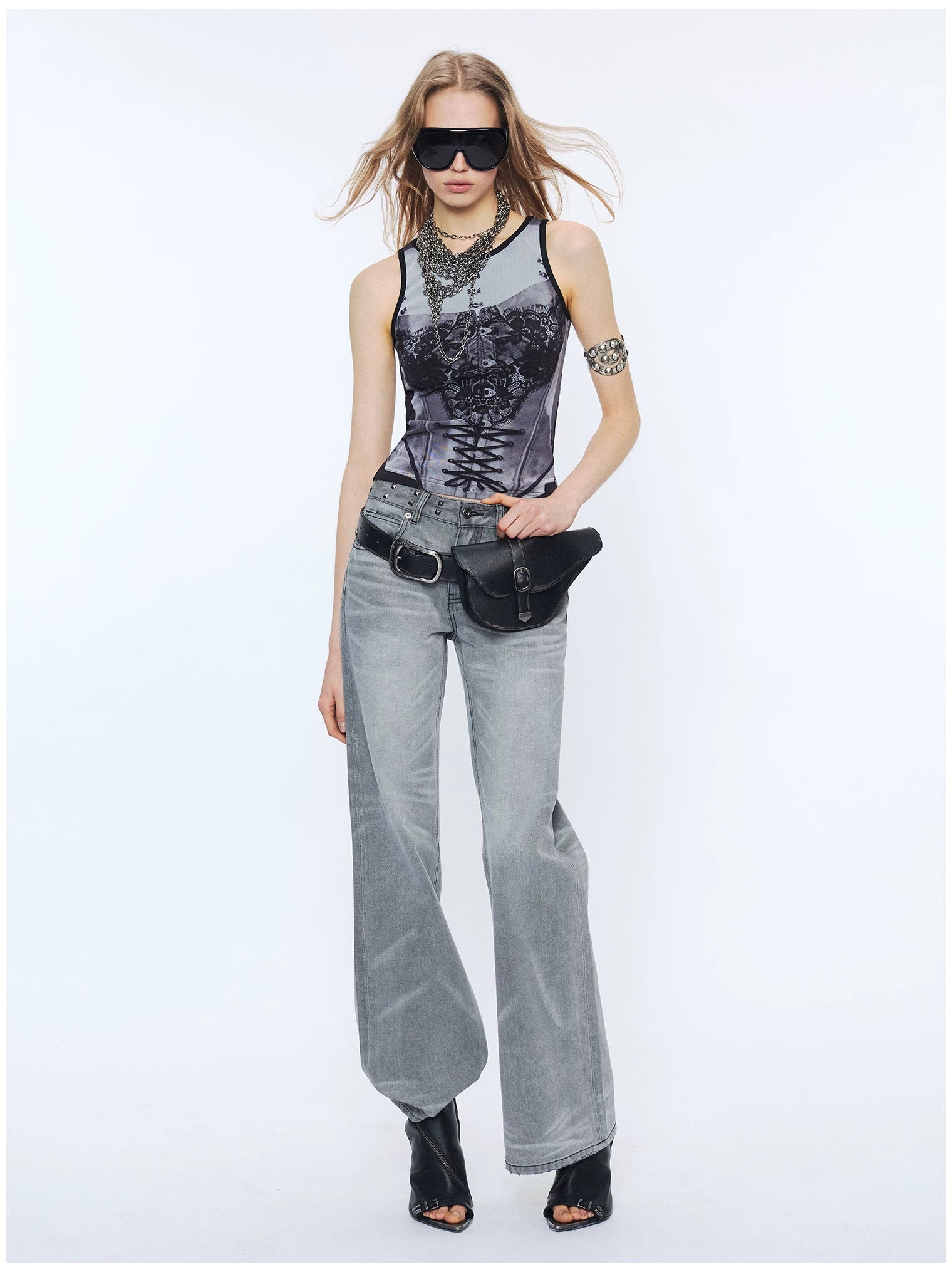 Reversible Newspaper Print Lace Panel Tank Top