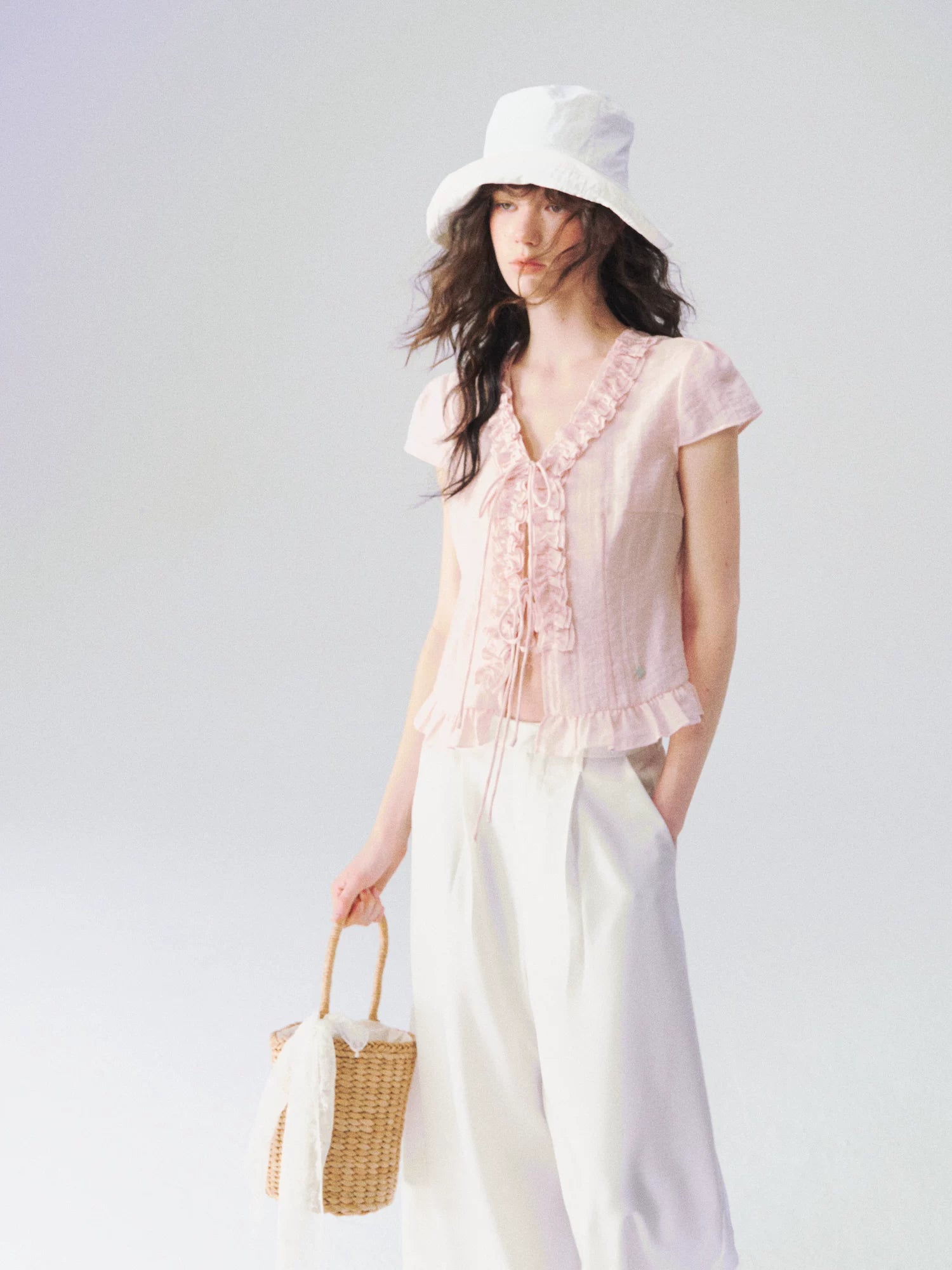 Soft Ruffle Trim V-Neck Cropped Blouse