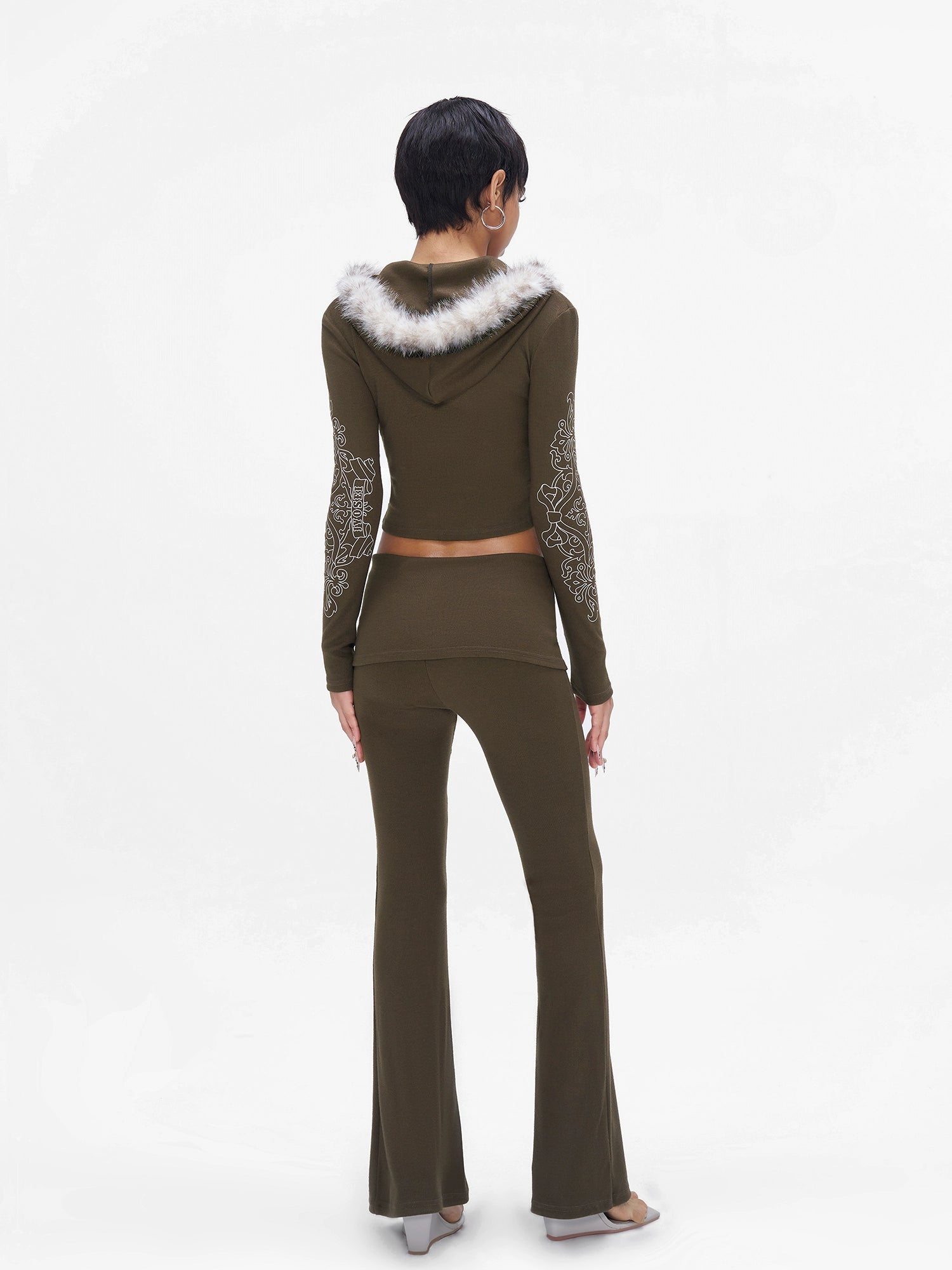 Knit Hooded Top & Flare Pants Set