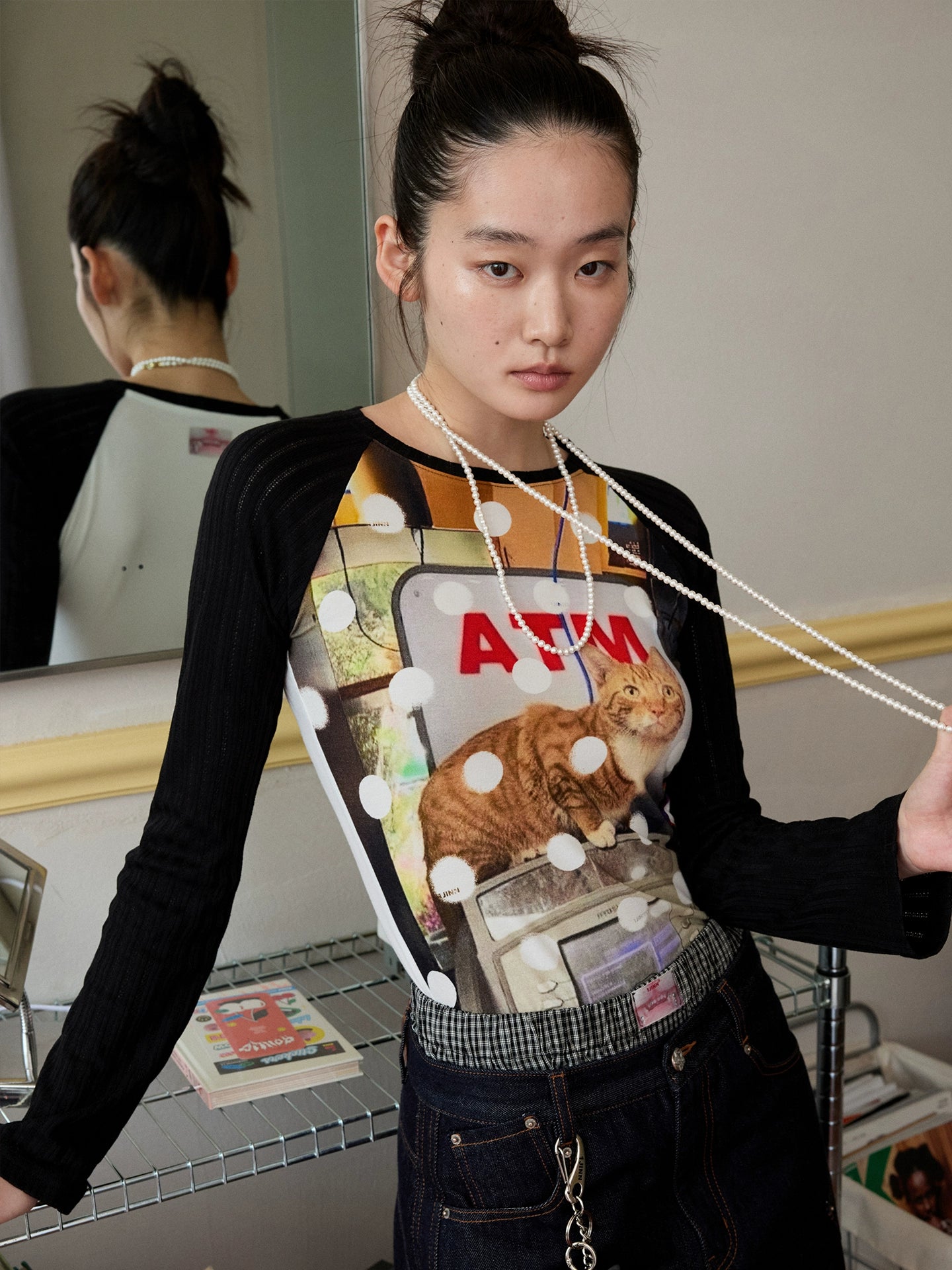 Cat Print Raglan Sleeve Color-Blocking T-Shirt