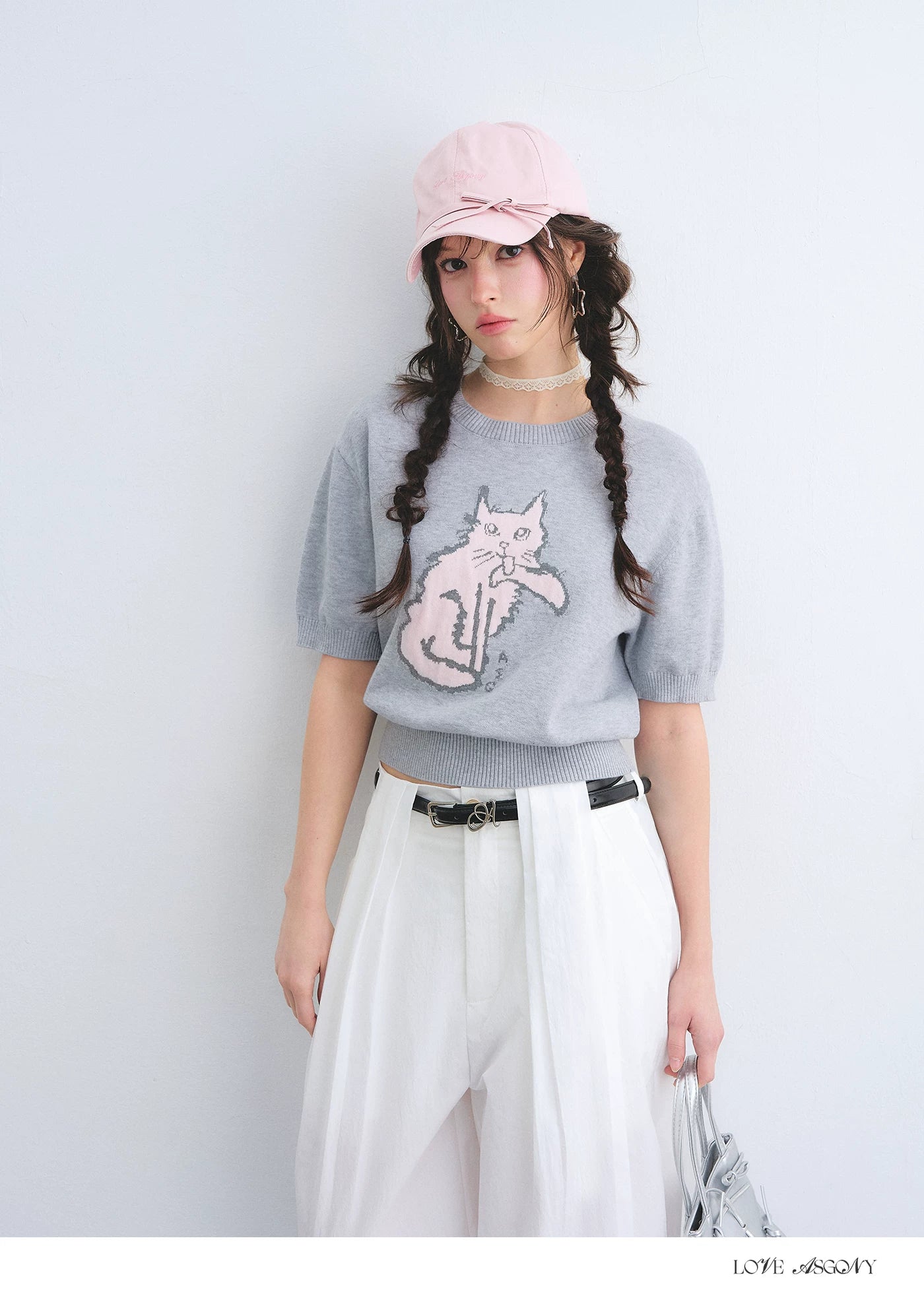 Jacquard Cat Motif Short Sleeve Knit Top