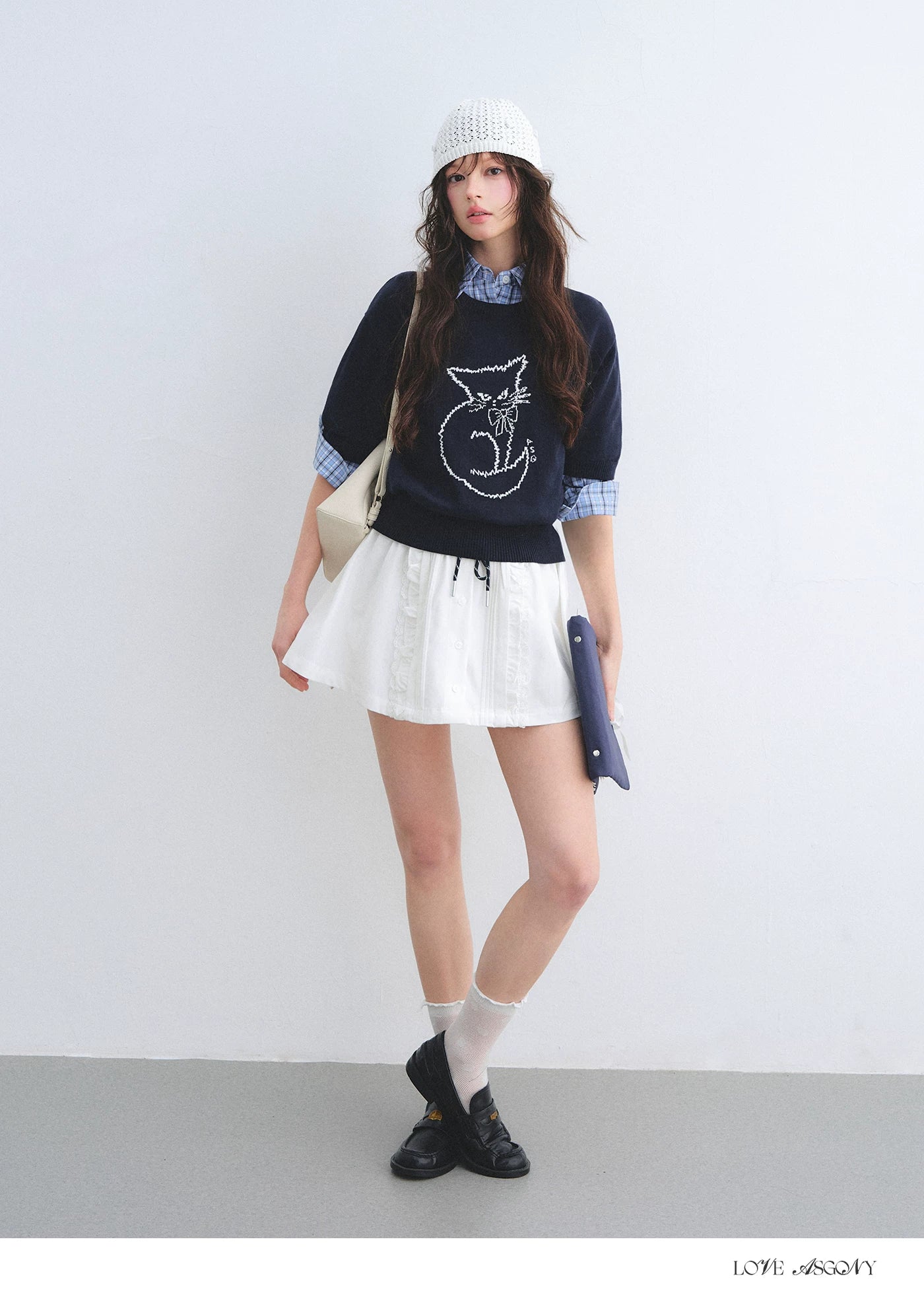 Jacquard Cat Motif Short Sleeve Knit Top