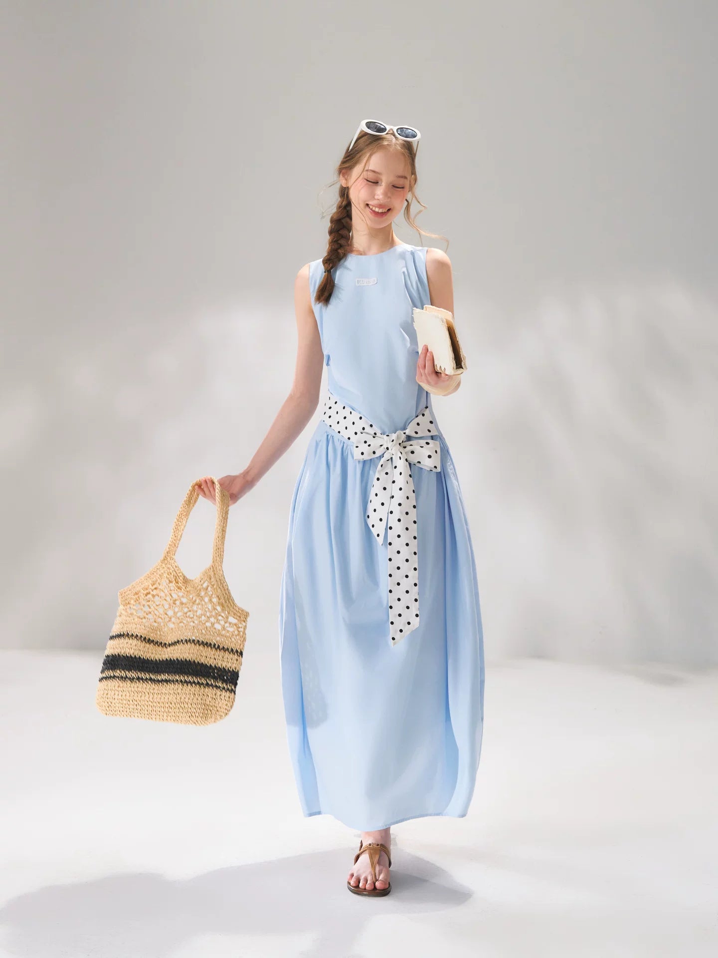 Polka-Dot Tie-Waist Sleeveless Midi Dress