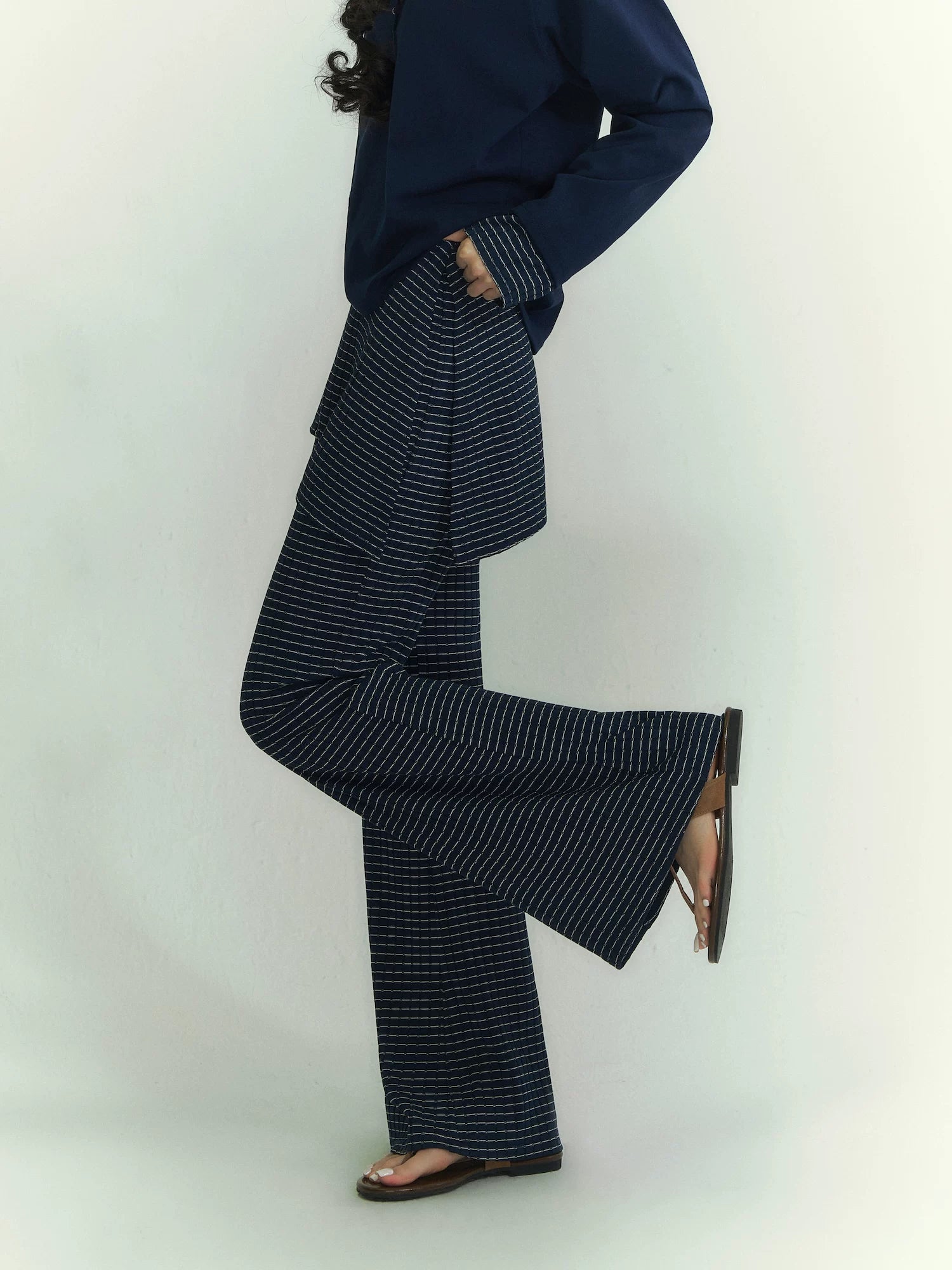 Patchwork Striped Henley Long Sleeve T-Shirt & Layered Knit Flared Skirt Pants Set