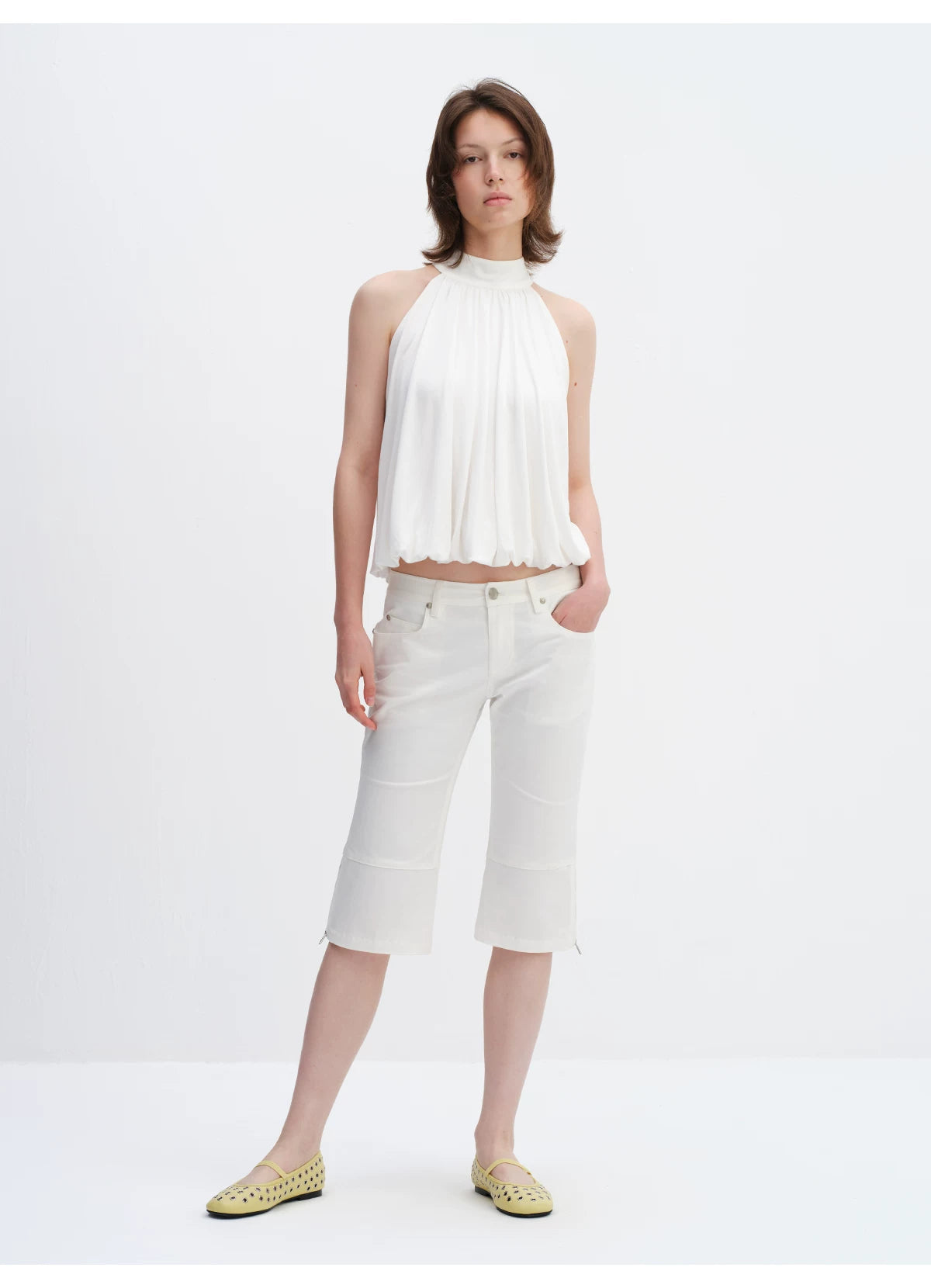 Lyocell Bubble Hem Halter Neck Blouse