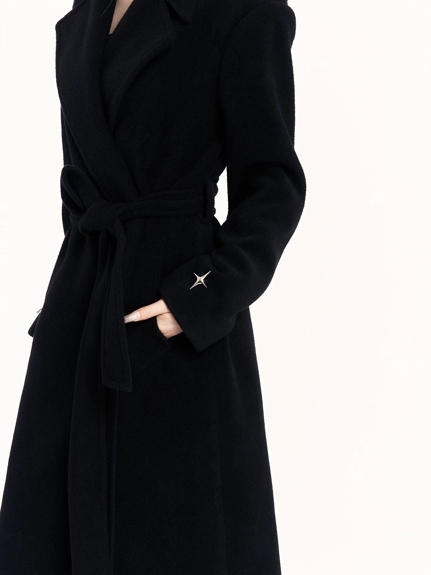 Padded-Shoulder Wool-Blend Long Coat