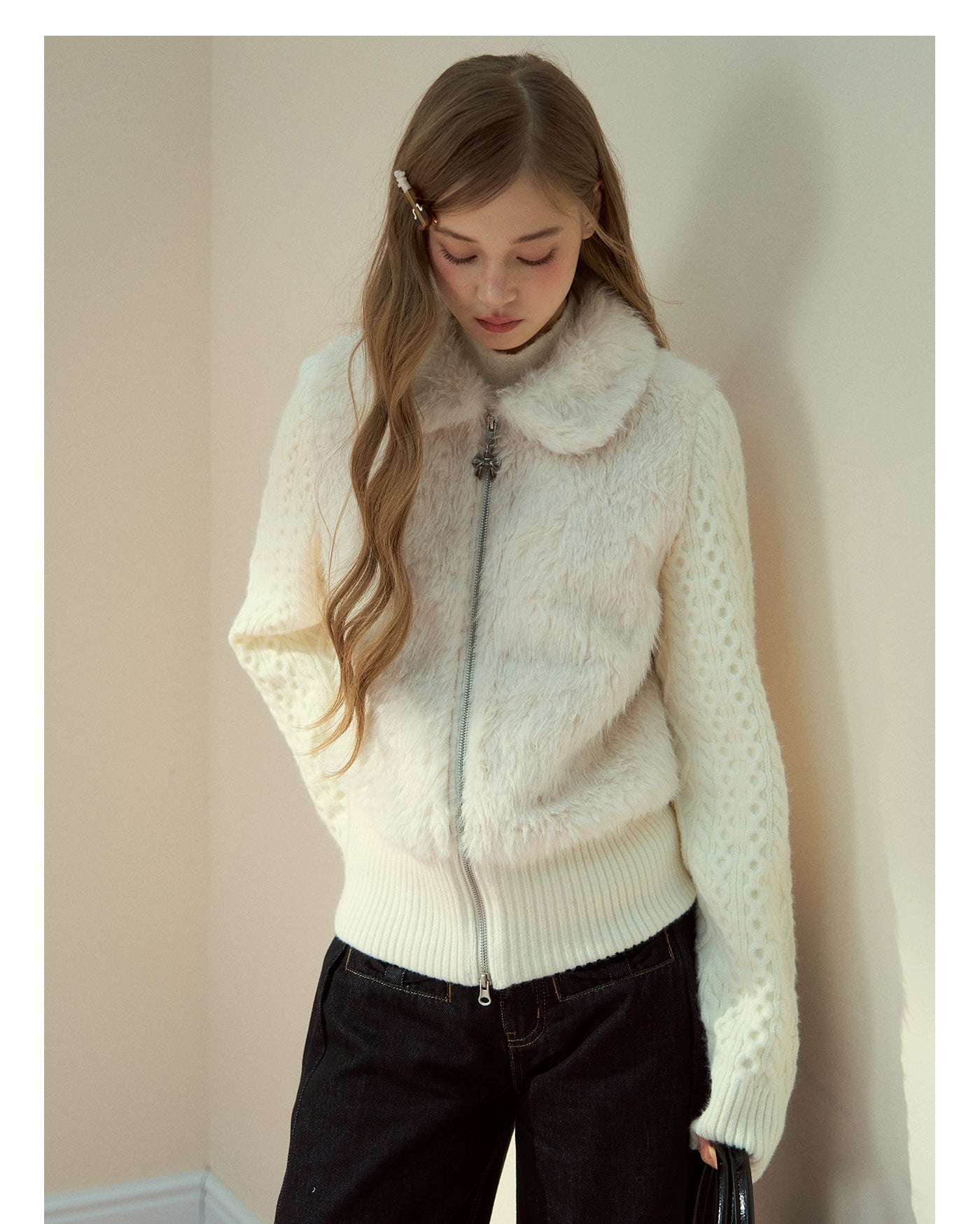 Snowland Lover Faux Fur Knit Panel Jacket - CHINASQUAD