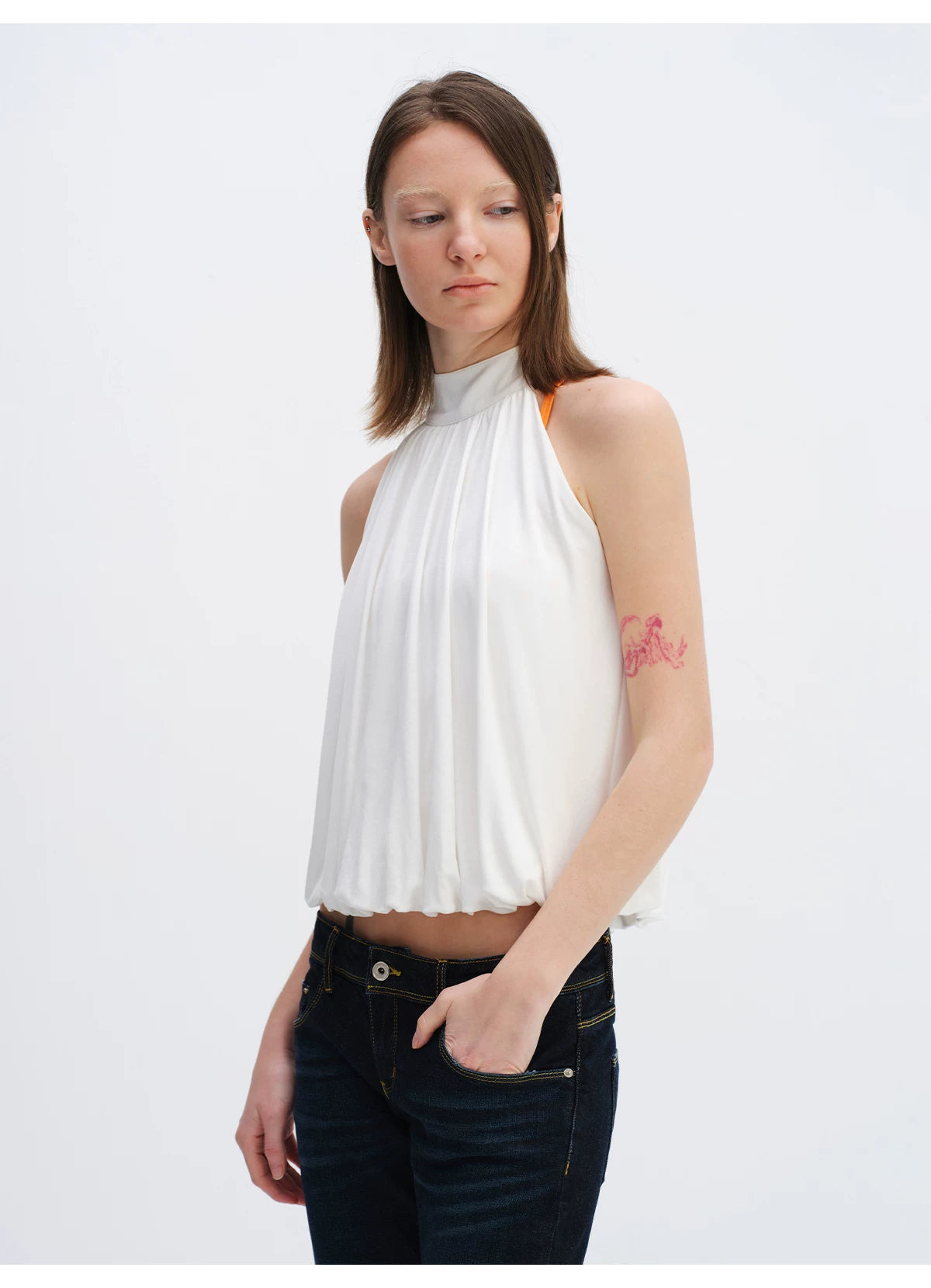 Lyocell Bubble Hem Halter Neck Blouse