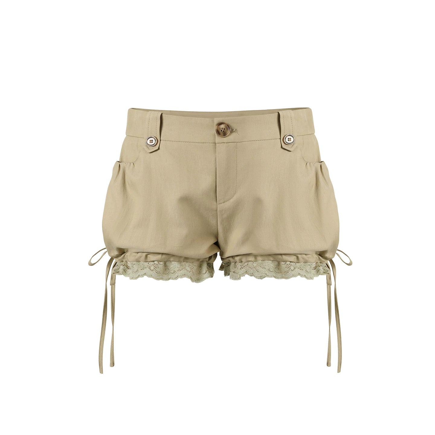 Khaki Lyocell Lace-Trim Tie Lantern Shorts