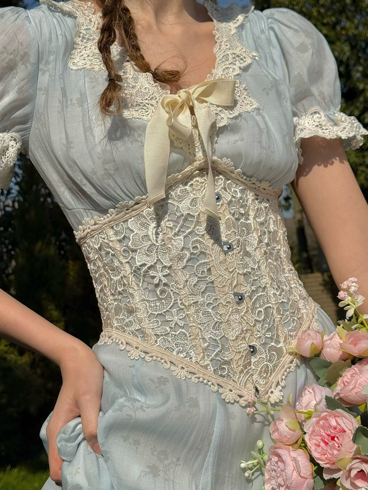 Fresh Baby Blue Lace Short-Sleeve Dress