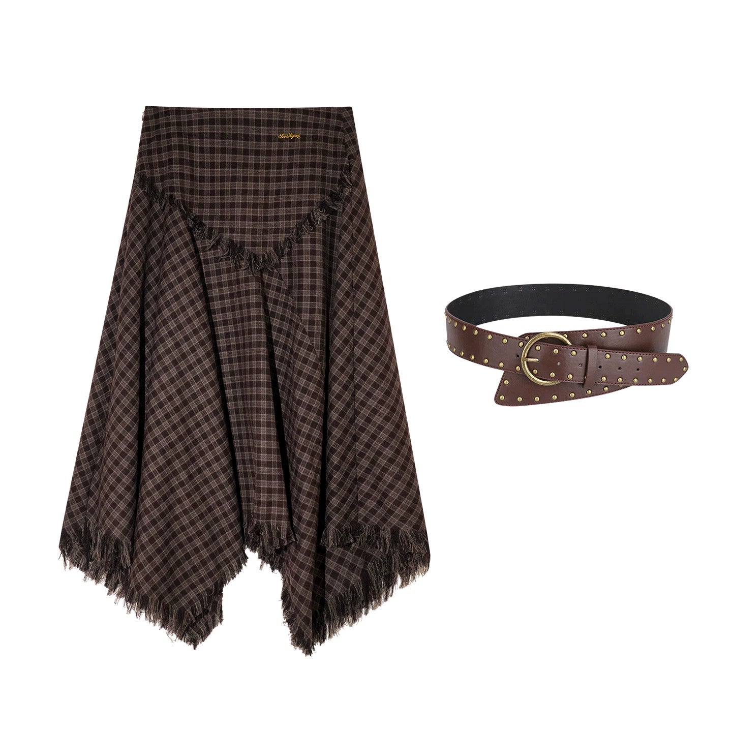 Frayed Hem Plaid Studded Belt Asymmetric A-Line Midi Skirt
