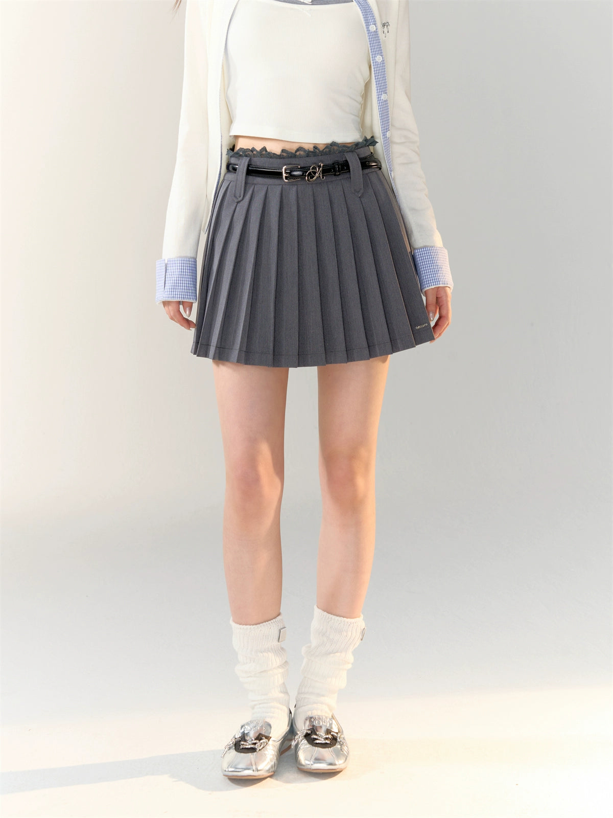 Gray Lace-Trimmed Pleated Suit Skirt - CHINASQUAD