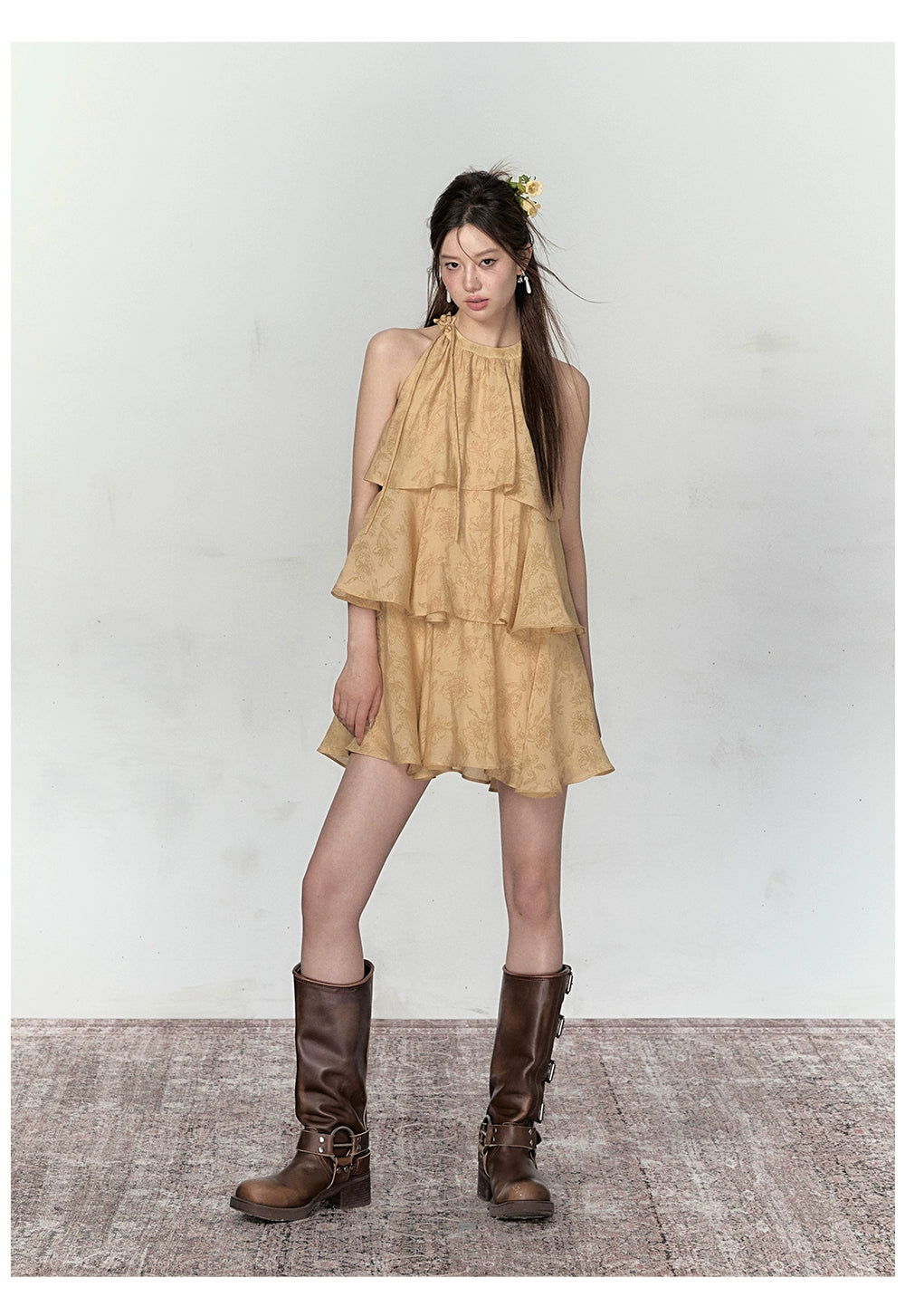Mustard Yellow Halter Floral Dress - CHINASQUAD