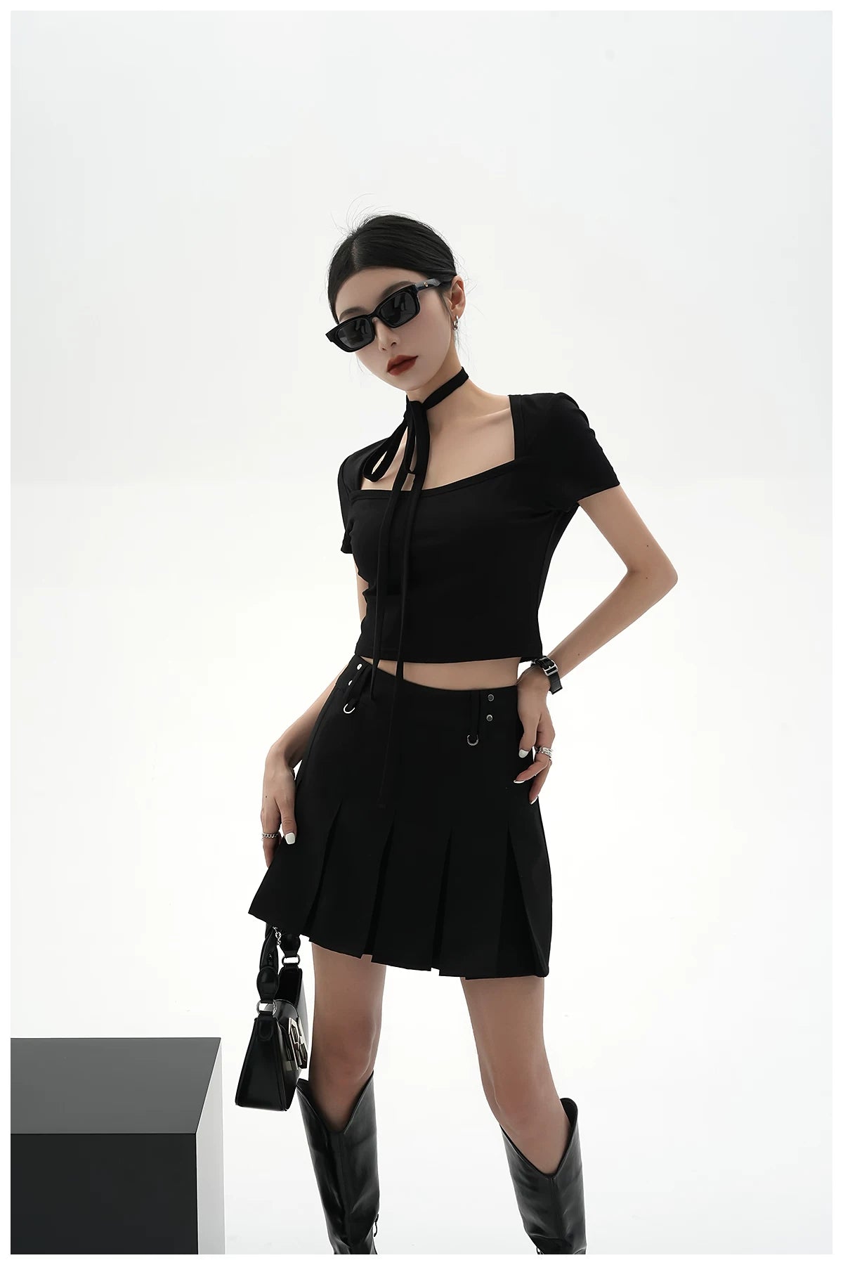 Tie-Detail Square-Neck Cropped T-Shirt