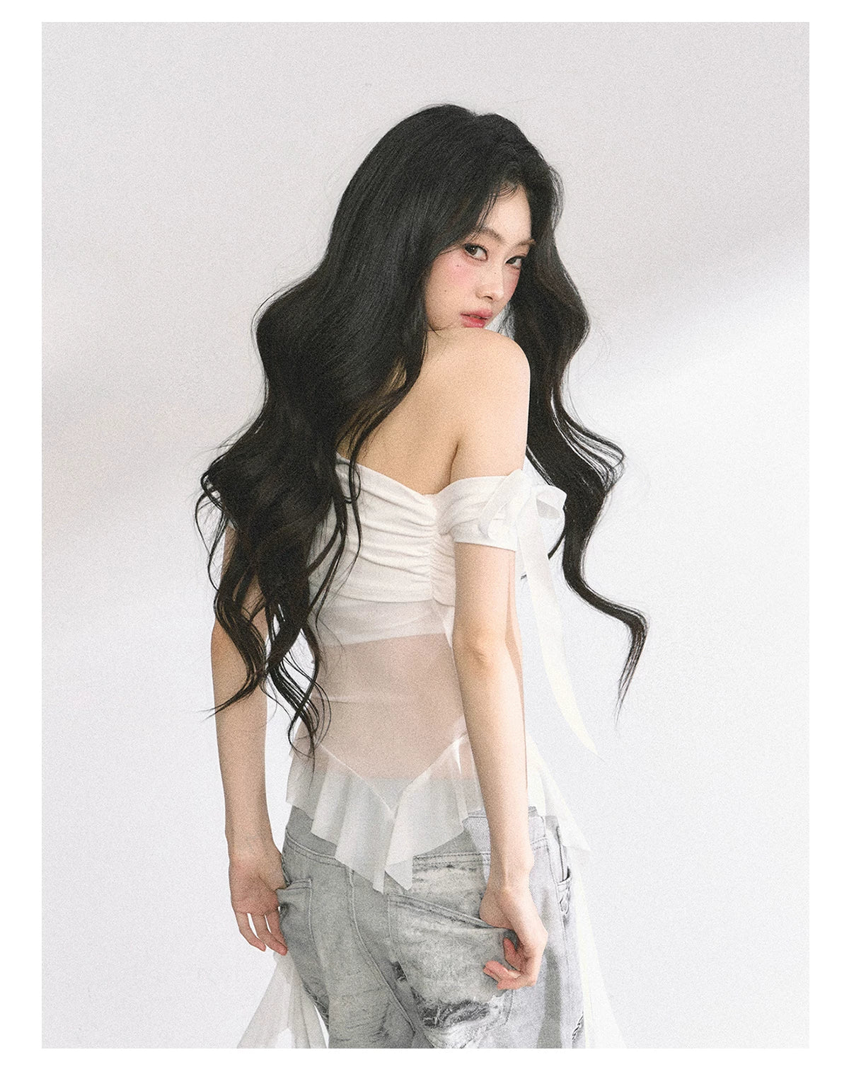 Off-Shoulder Mesh Short-Sleeve T-Shirt