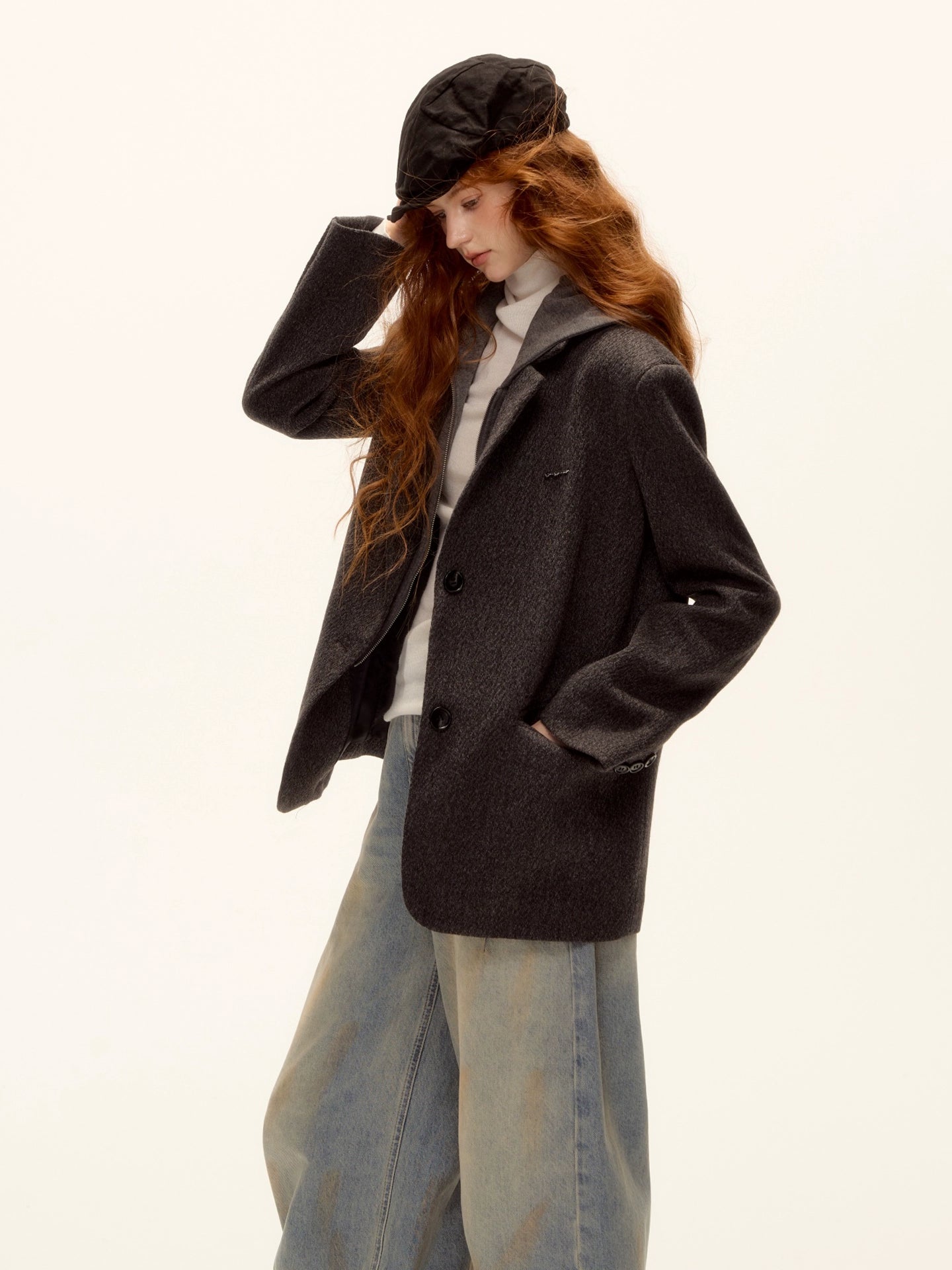 Grey Layered Wool-Blend Hoodie Blazer