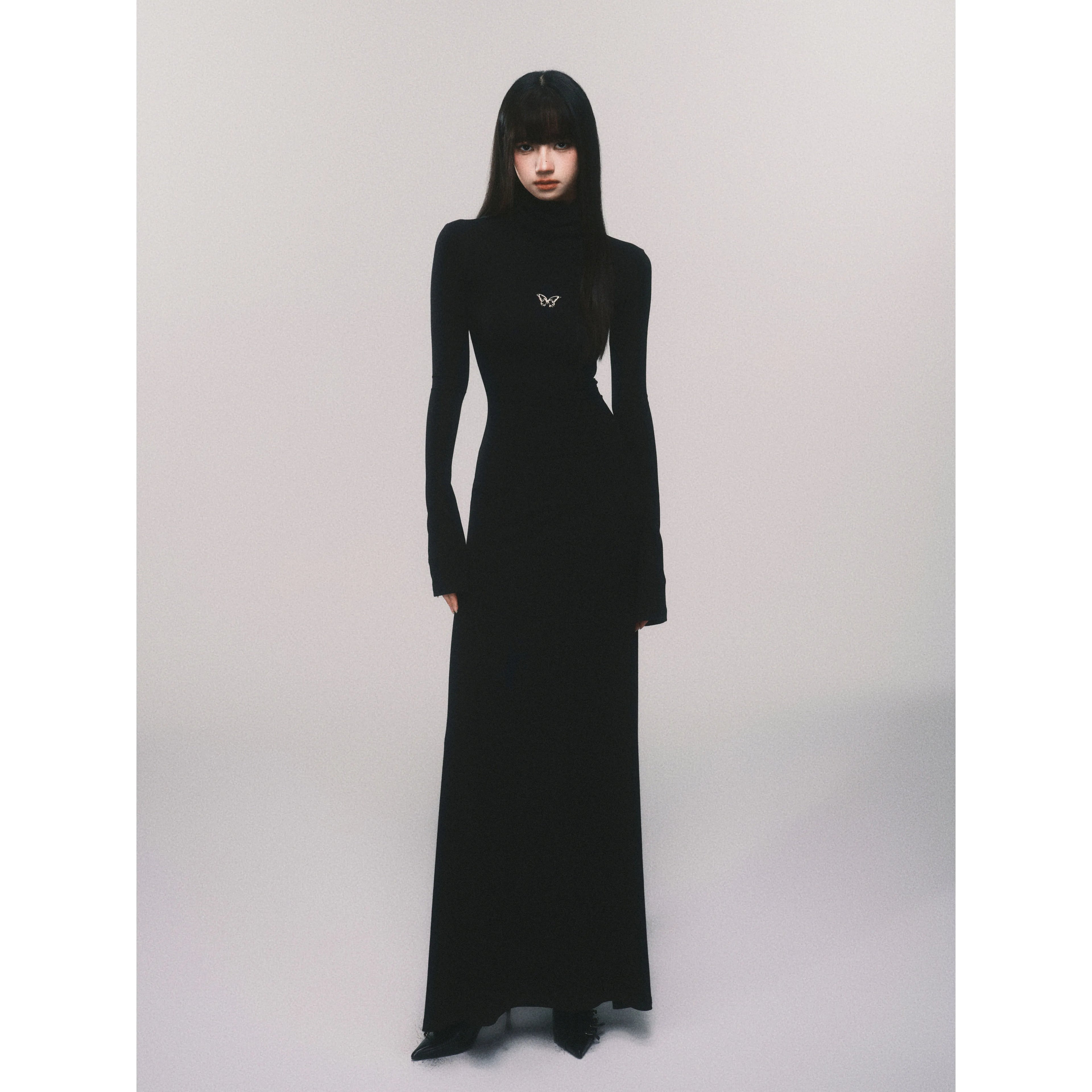 Slim-Fit Turtleneck Flared-Sleeve Knit Dress