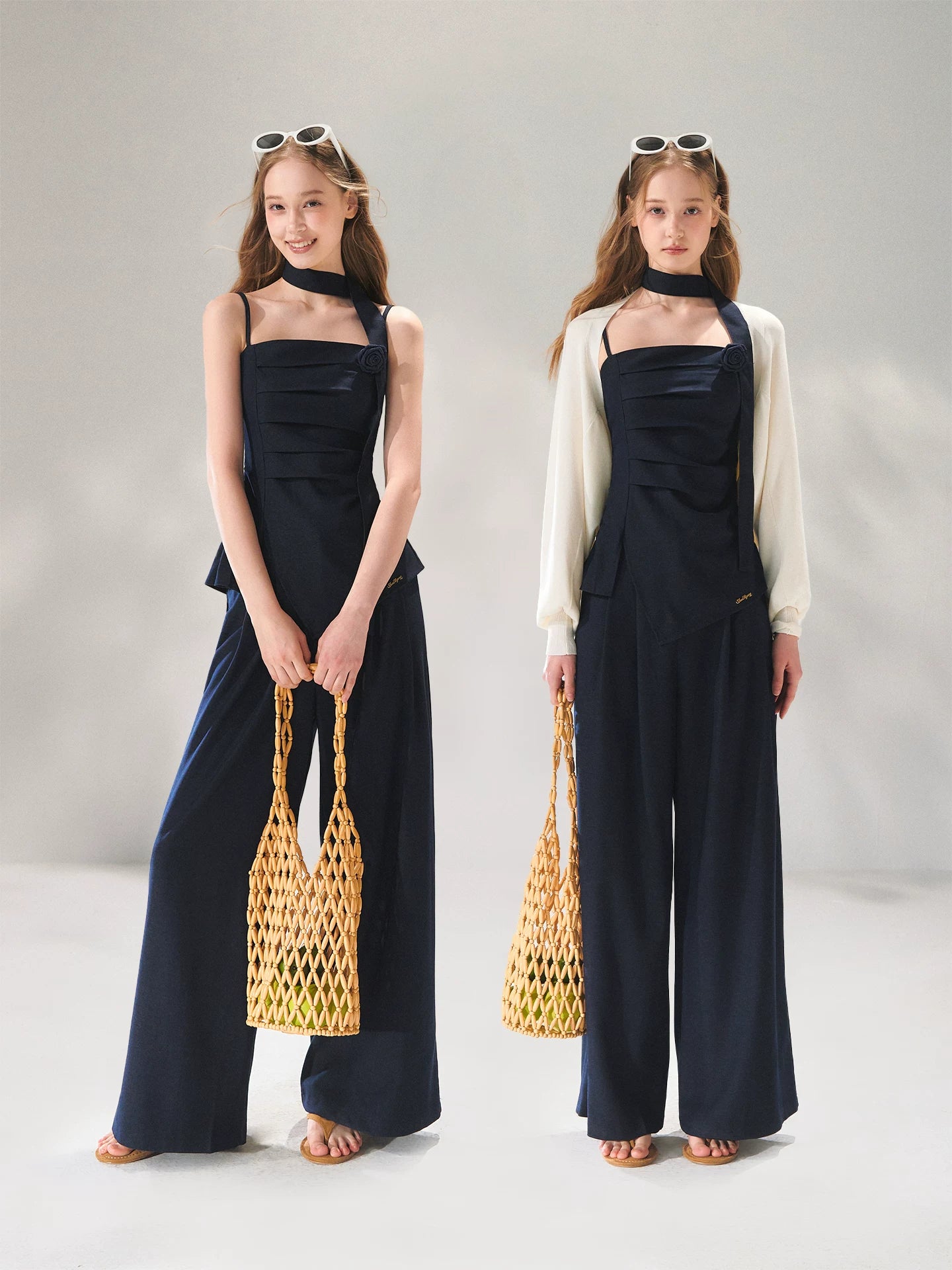 Pleated Denim-Inspired Tie-Waist Camisole & Wide-Leg Pants Set