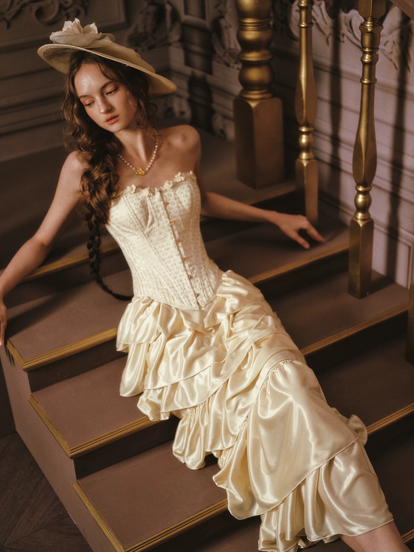 Golden Hour French Strapless Corset Top & Tiered Skirt Set
