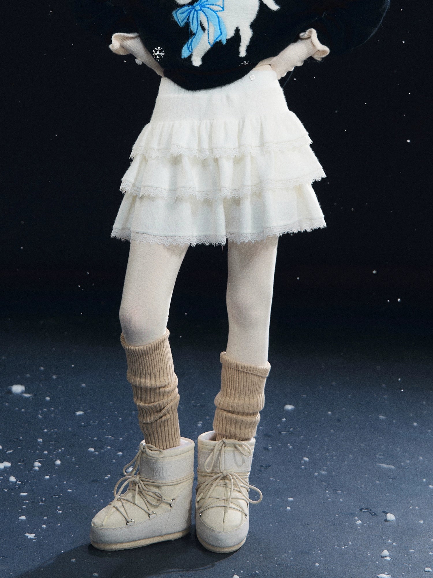 Lace-Panel Velvety Tiered Skirt