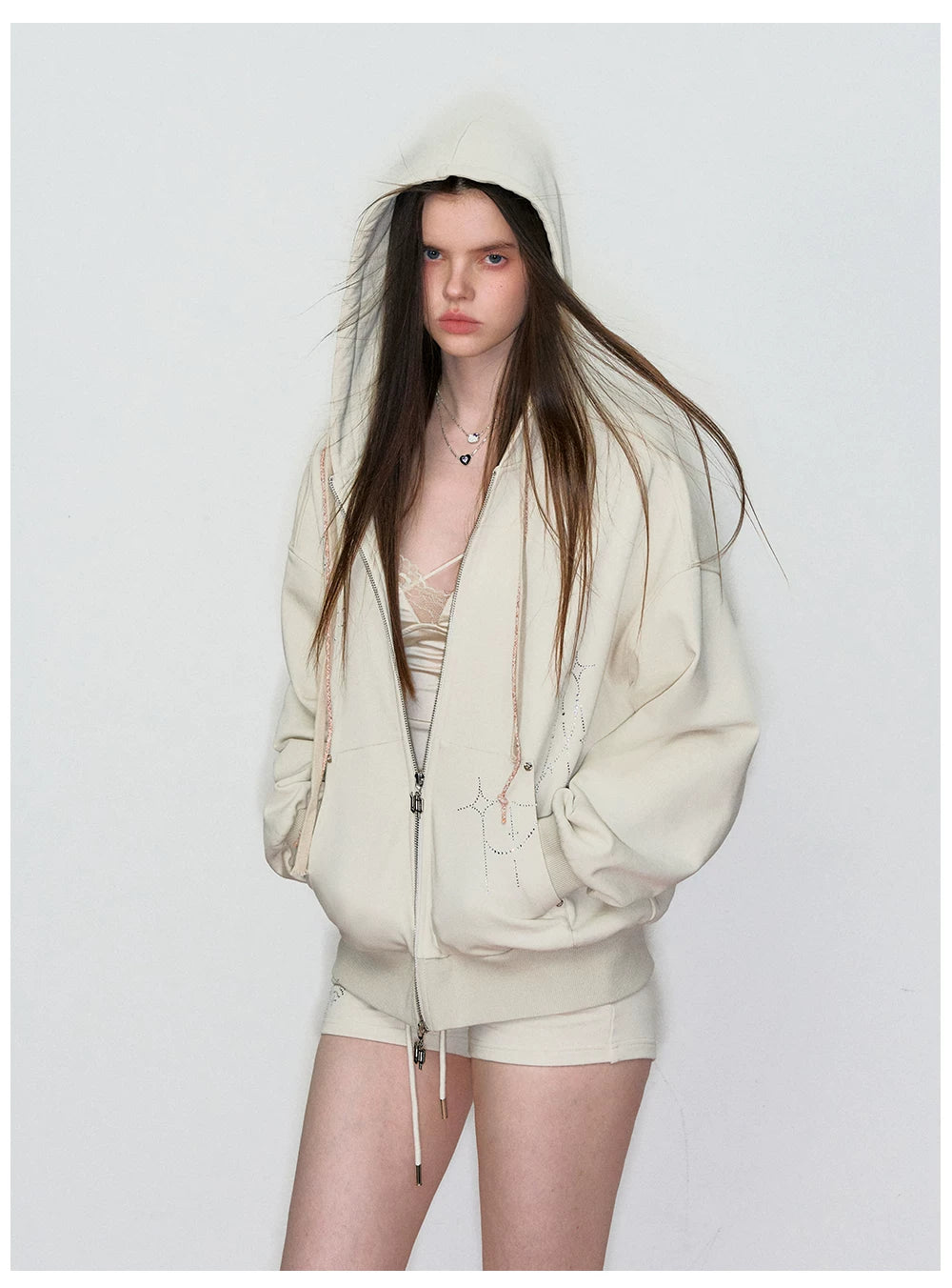 Rhinestone-Embellished Hooded Sweatshirt Jacket