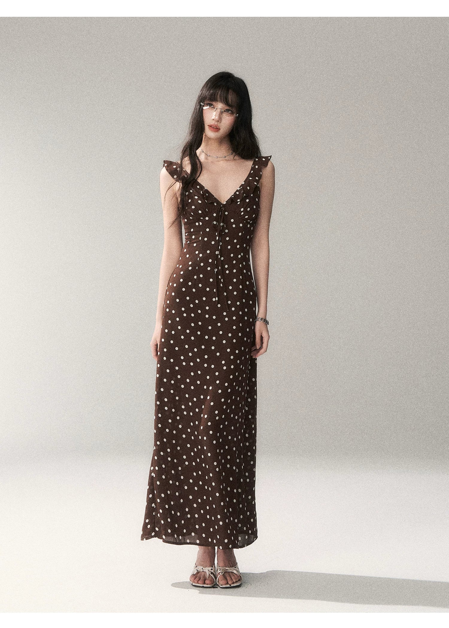Chocolate Polka Dot French Slim-Fit Slip Maxi Dress