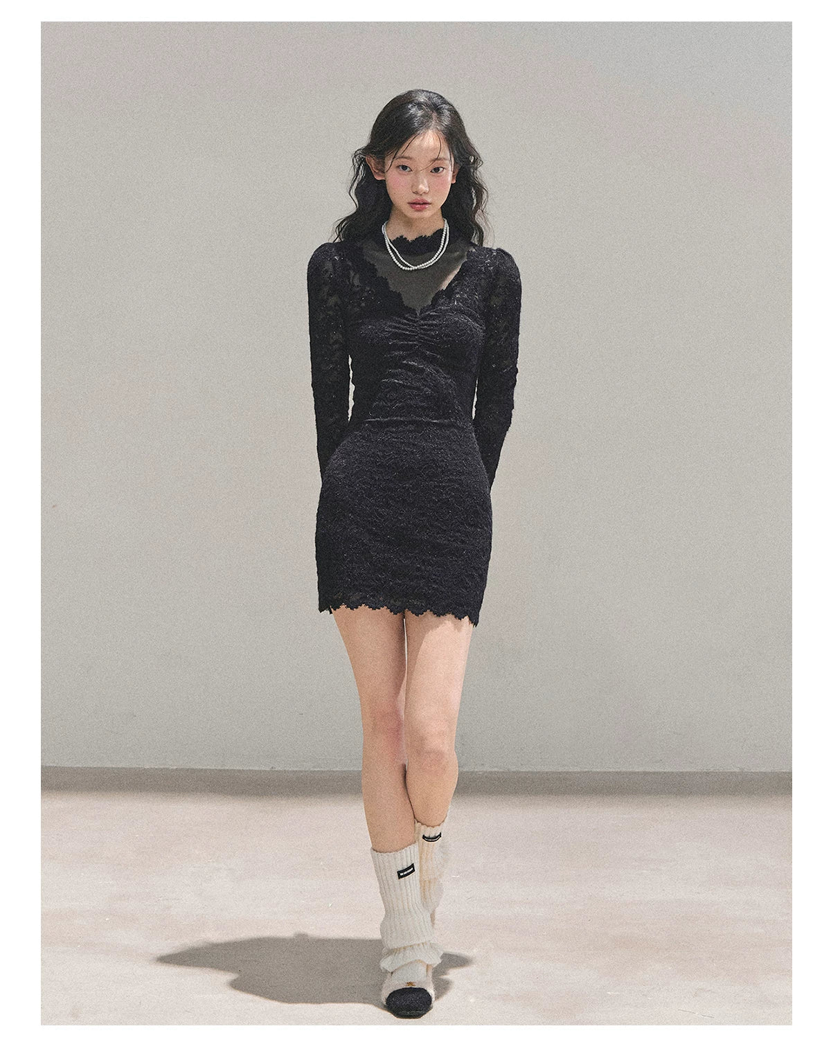 Lace Mesh Long-Sleeve Mini Dress