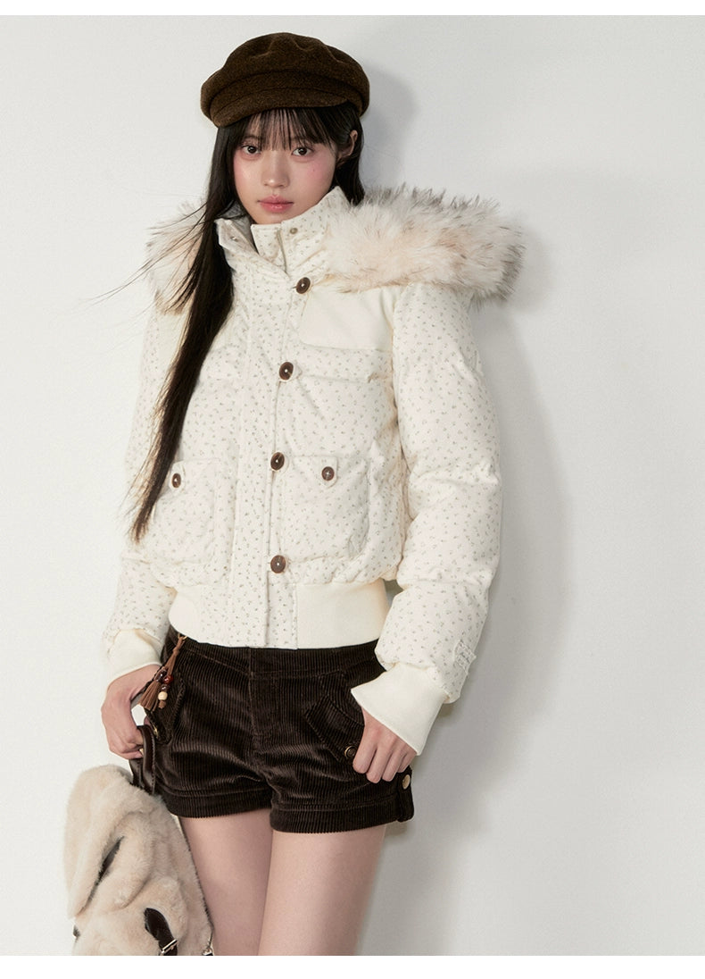 Fuzzy Plaid Down Faux Fur Collar Jacket - CHINASQUAD