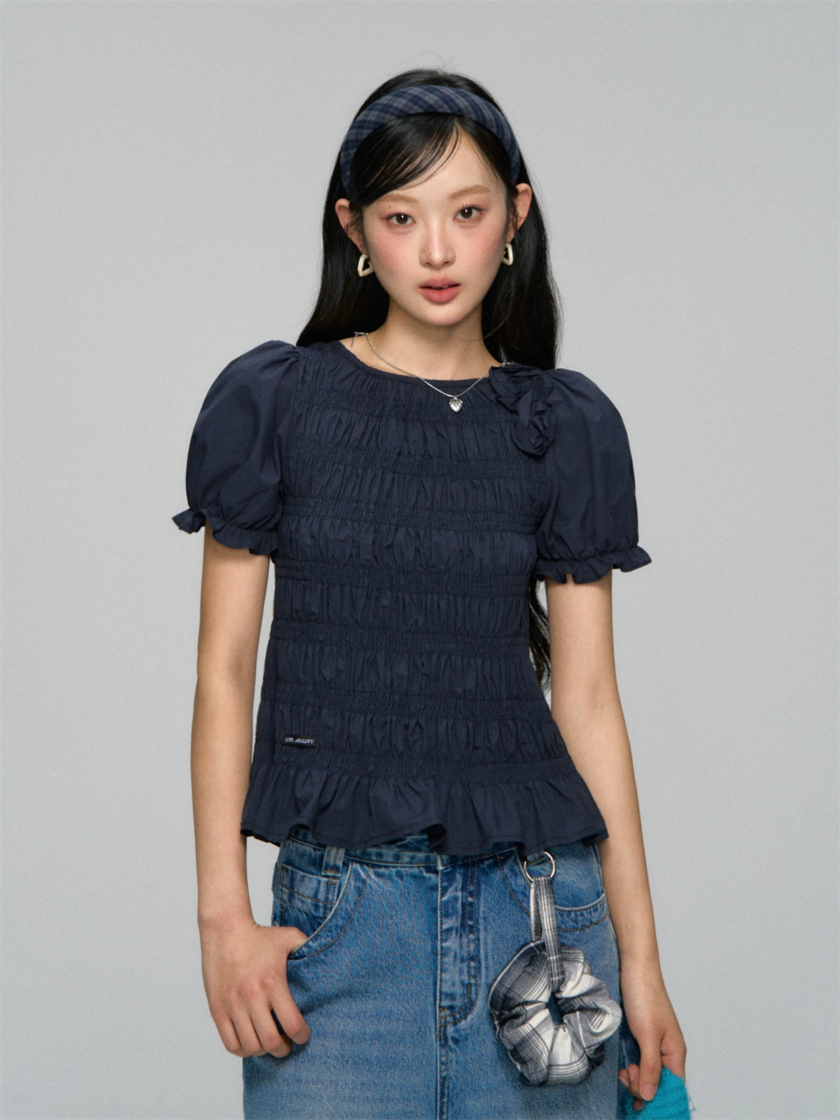 Three-Dimensional Flower Pleated Short-Sleeve Blouse - CHINASQUAD