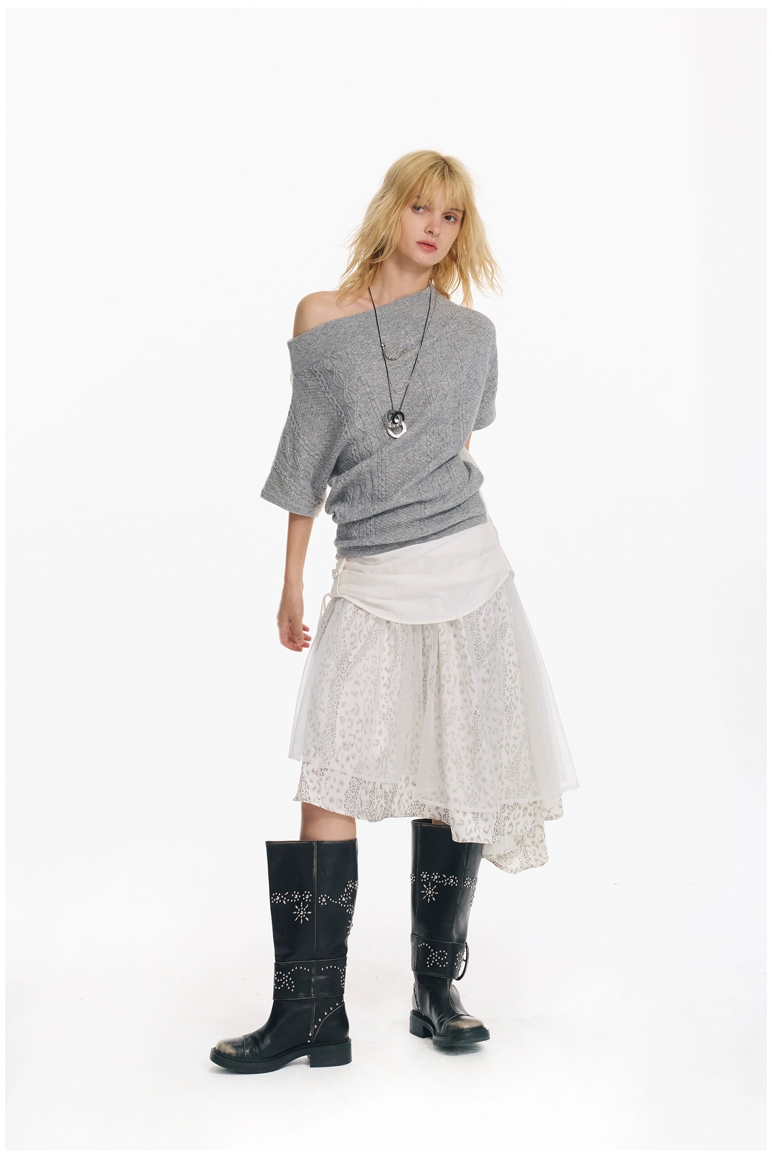 Diagonal Bat-Sleeve Knit Crewneck