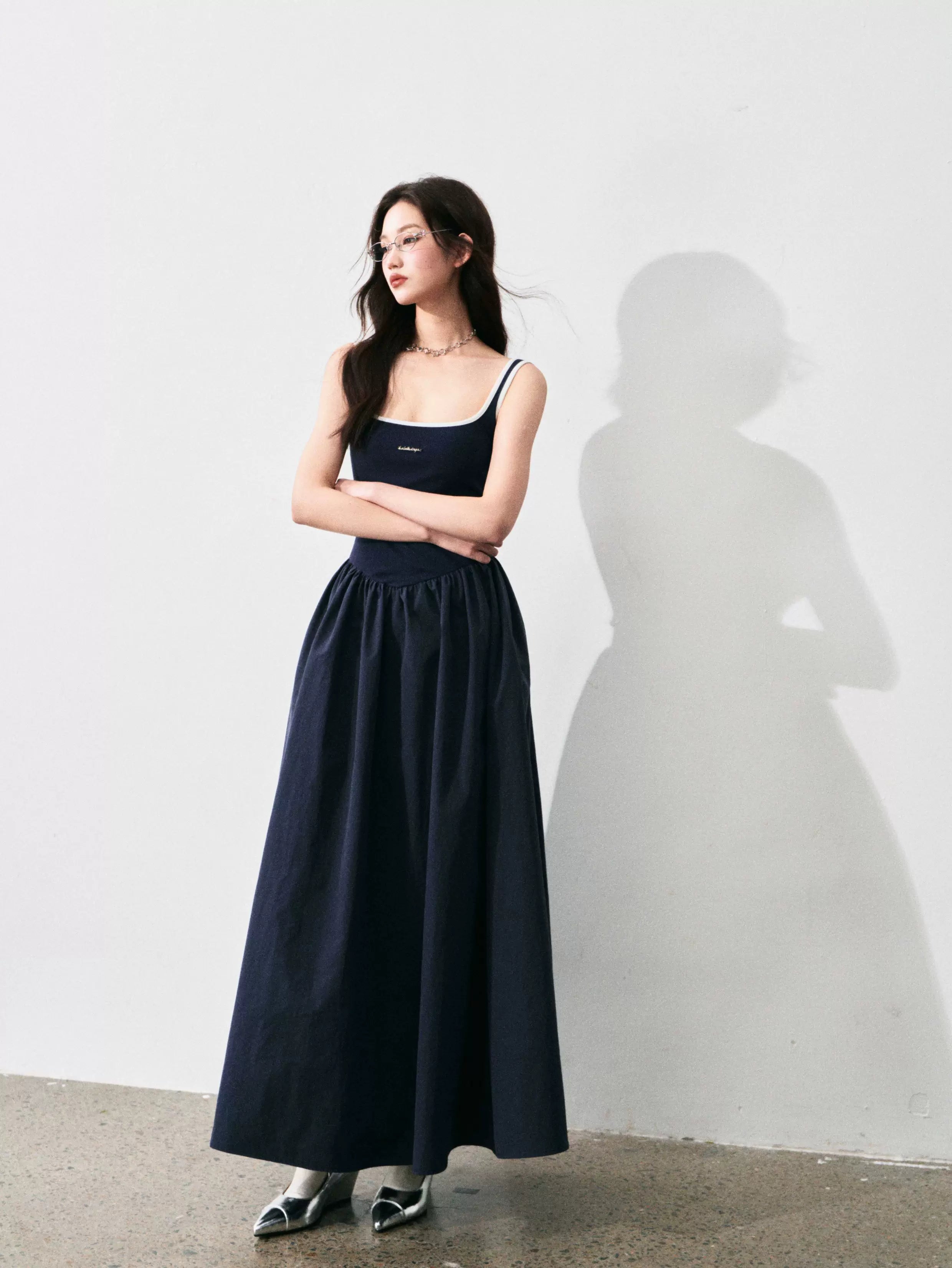 Contrast-Trim Backless Slip Maxi Dress