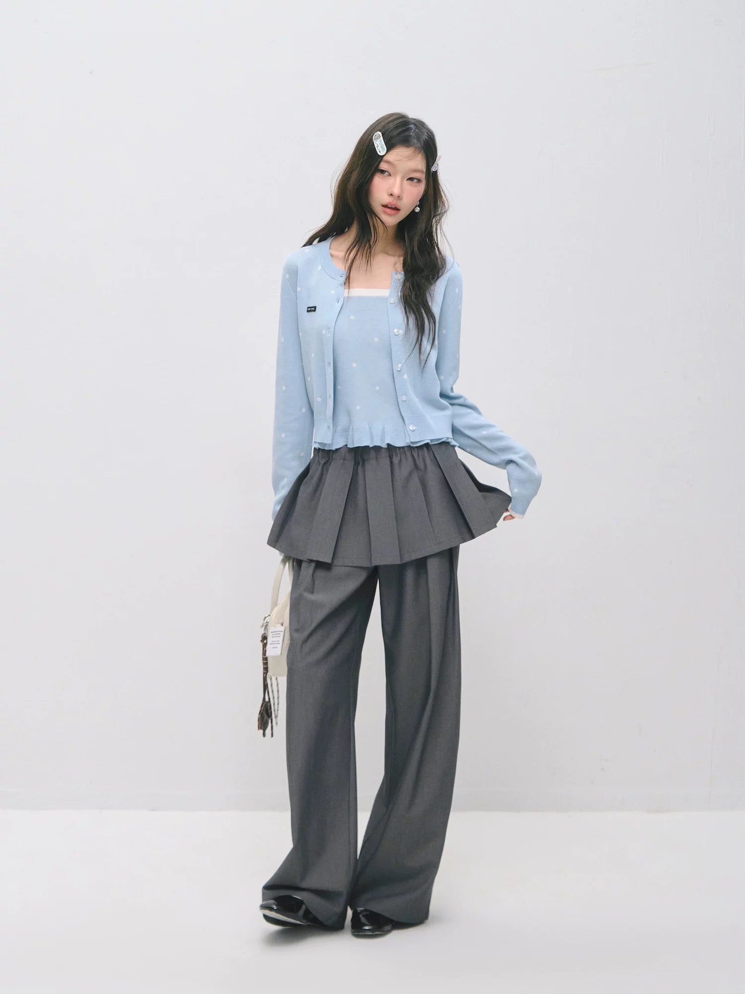 Detachable Pleated Overlay Tailored Wide-Leg Trousers